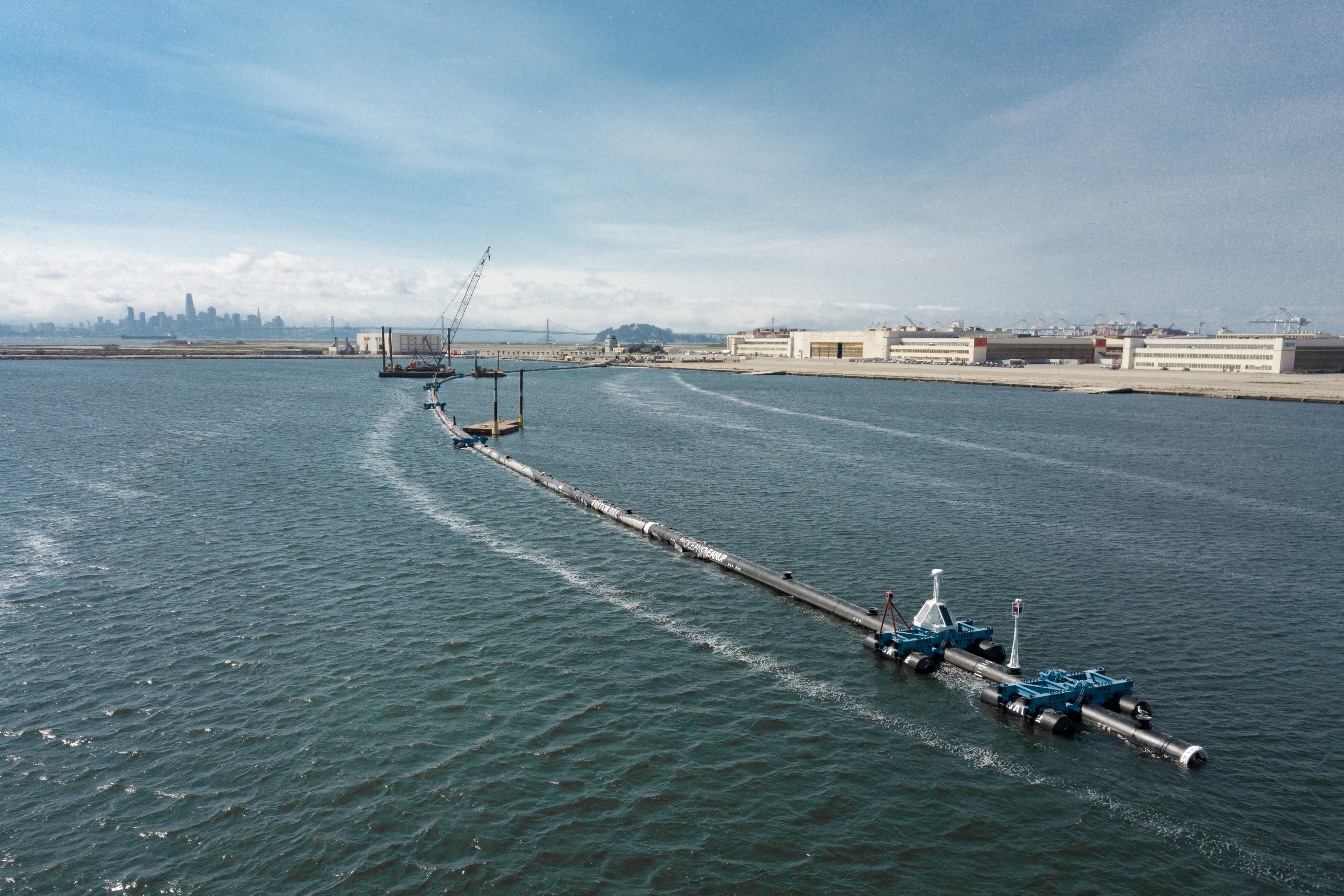 System 001 floating in the San Francisco Bay before its launch (The Ocean Cleanup)