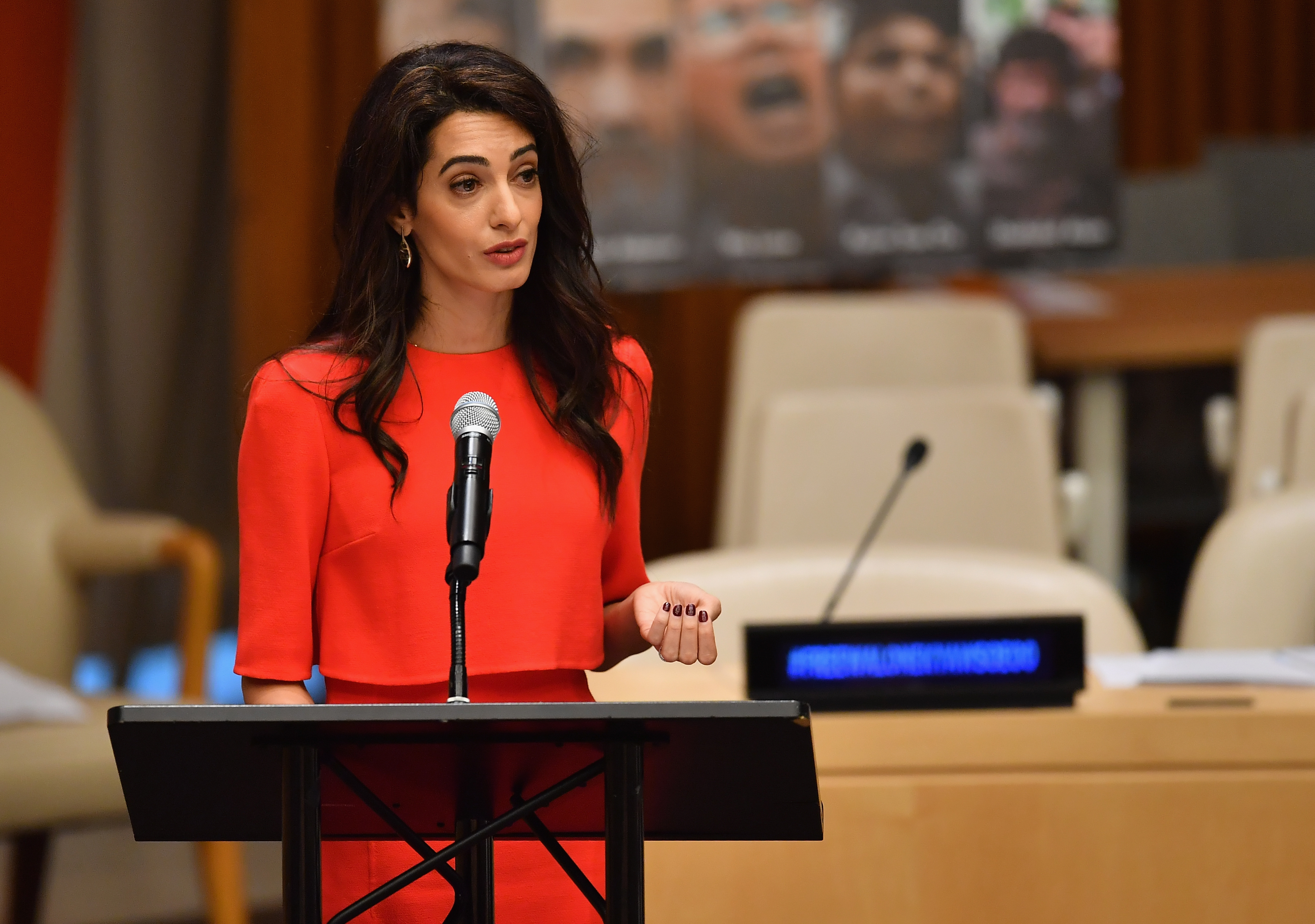 Amal Clooney speaks about journalists imprisoned in Myanmar at the Press Behind Bars: Undermining Justice and Democracy event during the 73rd session of the United Nations General Assembly at the United Nations in New York on Sept. 28, 2018. (Angela Weiss—AFP/Getty Images)
