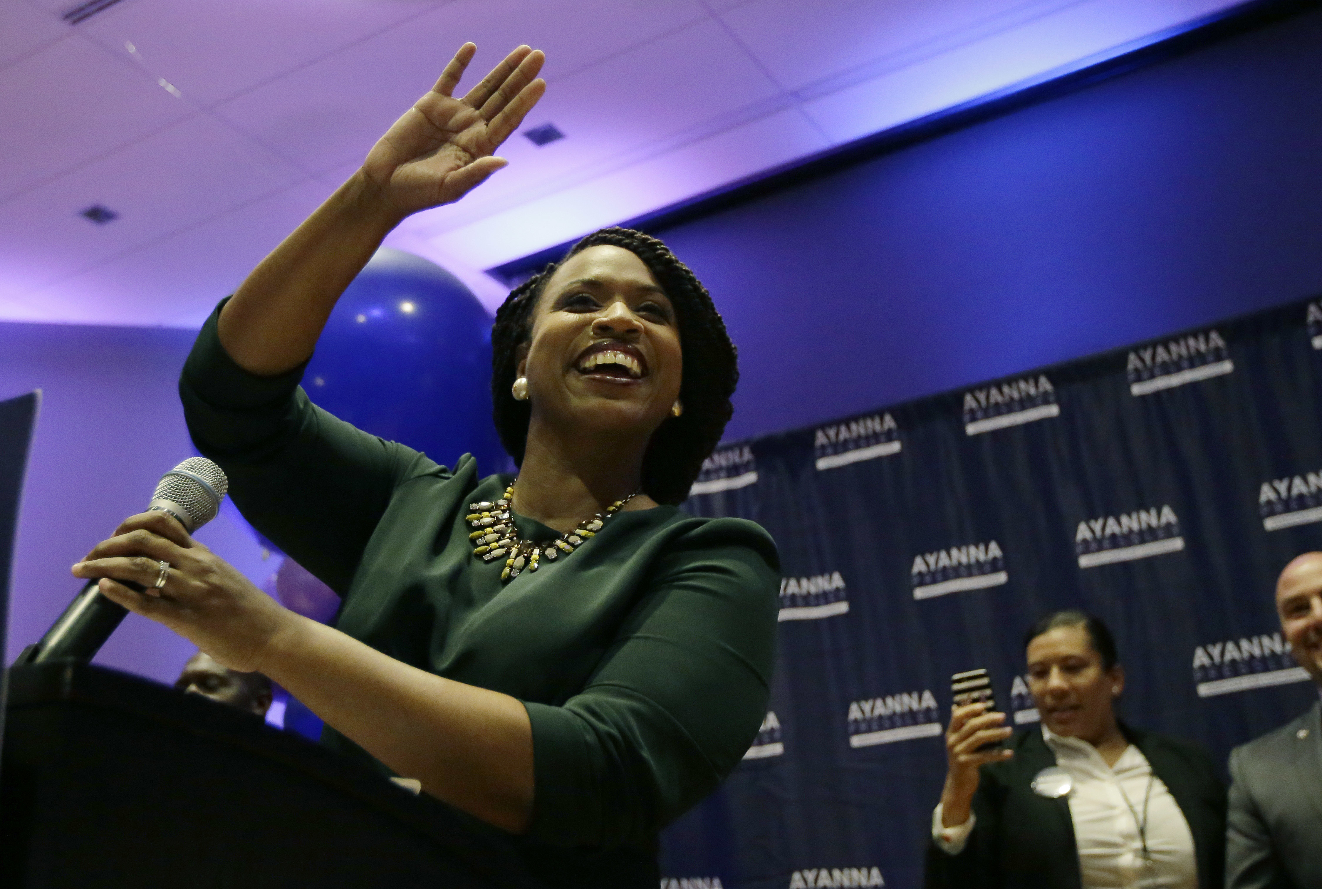 Ayanna Pressley celebrates her victory in the Congressional House Democratic primary in Boston, Mass. on Sept. 4, 2018. (Steven Senne—AP)