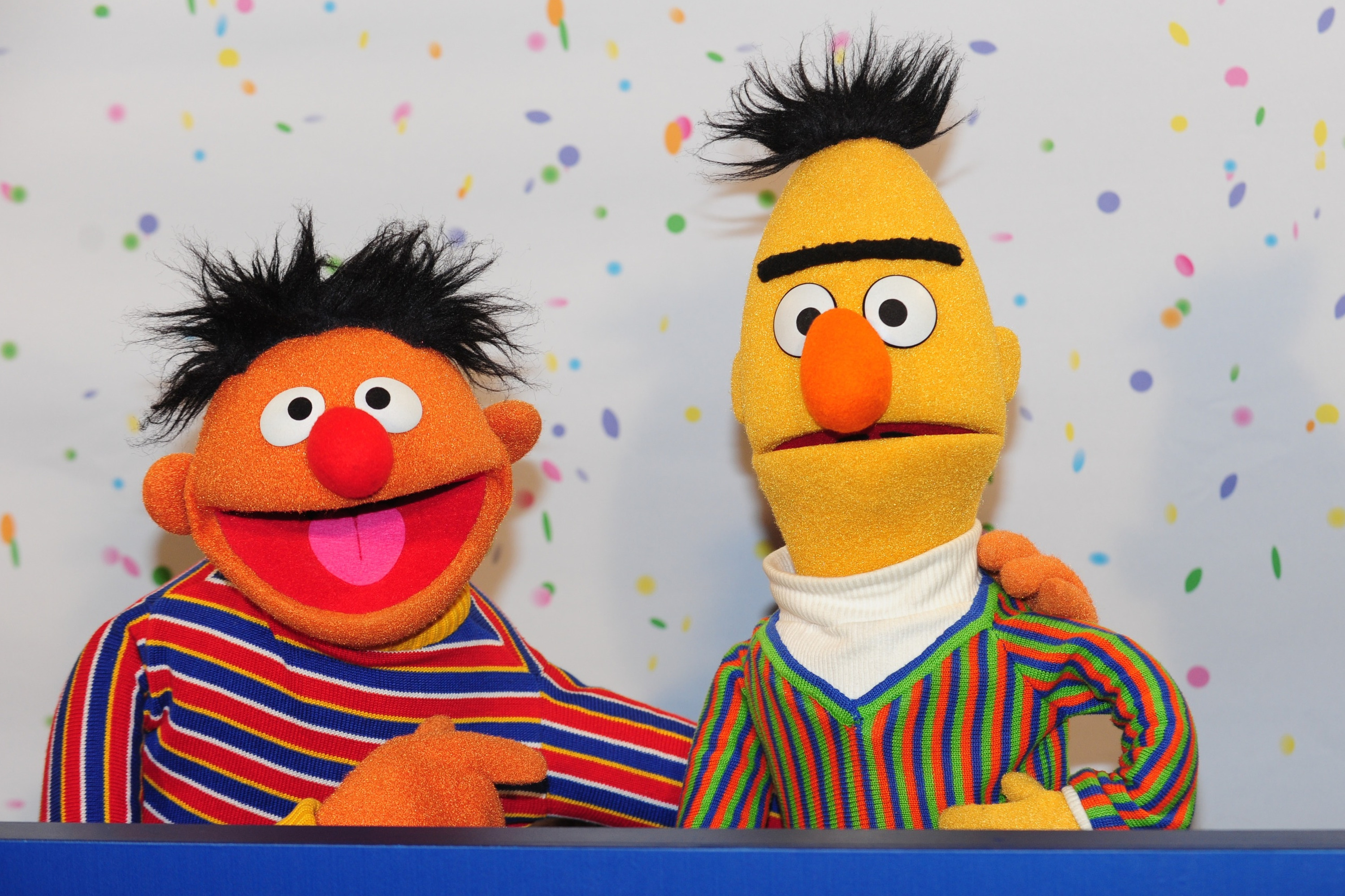 Sesame Street Muppets Ernie and Bert pose for photographs during a press conference on the 40th anniversary of the Sesame Street in Hamburg, Germany, 07 January 2013. (picture alliance&mdash;picture alliance via Getty Images)