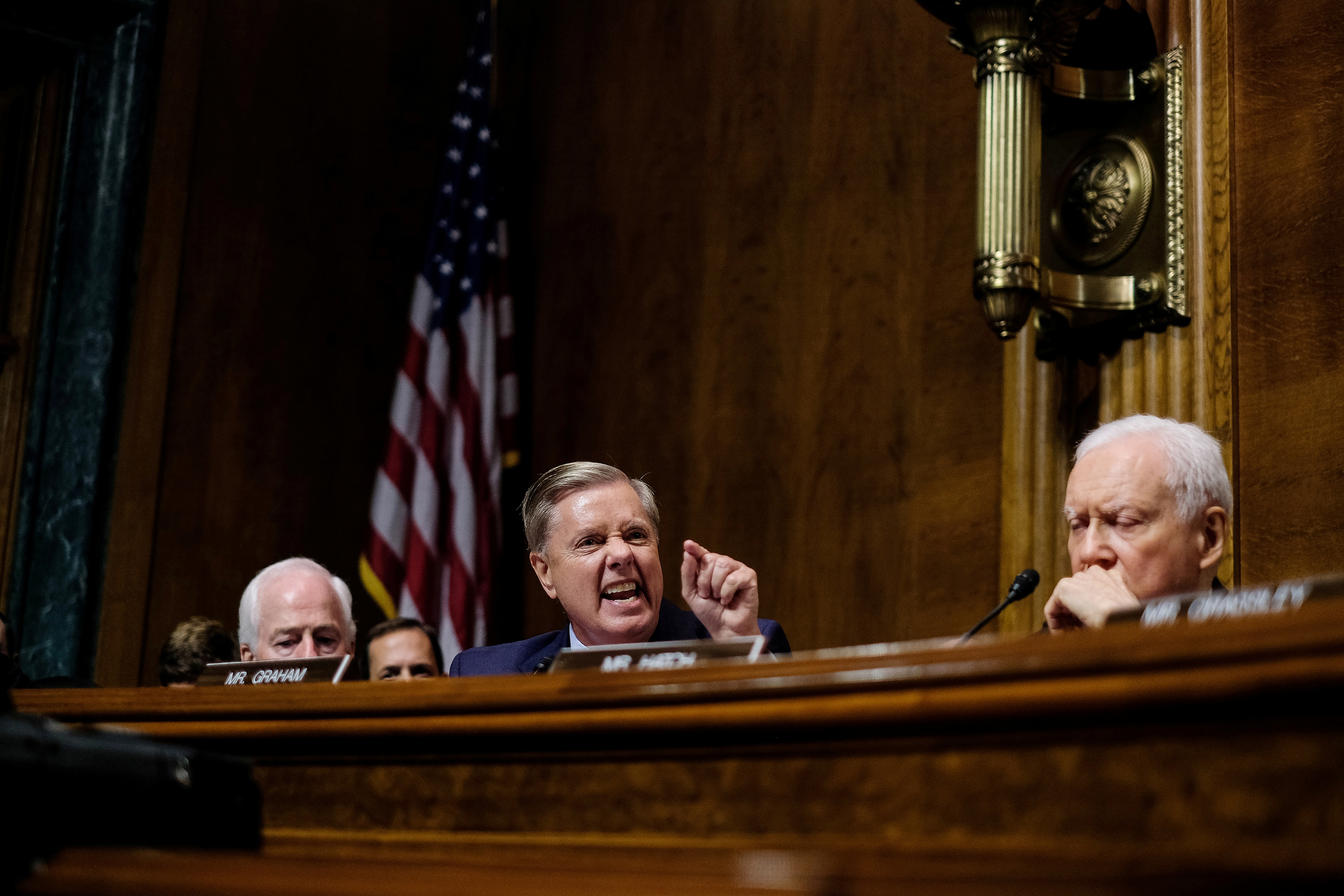 Sen. Lindsey Graham becomes angry during the questioning of Judge Brett Kavanaugh in front of the Senate Judiciary Committee on Sept. 27. (Gabriella Demczuk—The New York Times/Pool/Reuters)