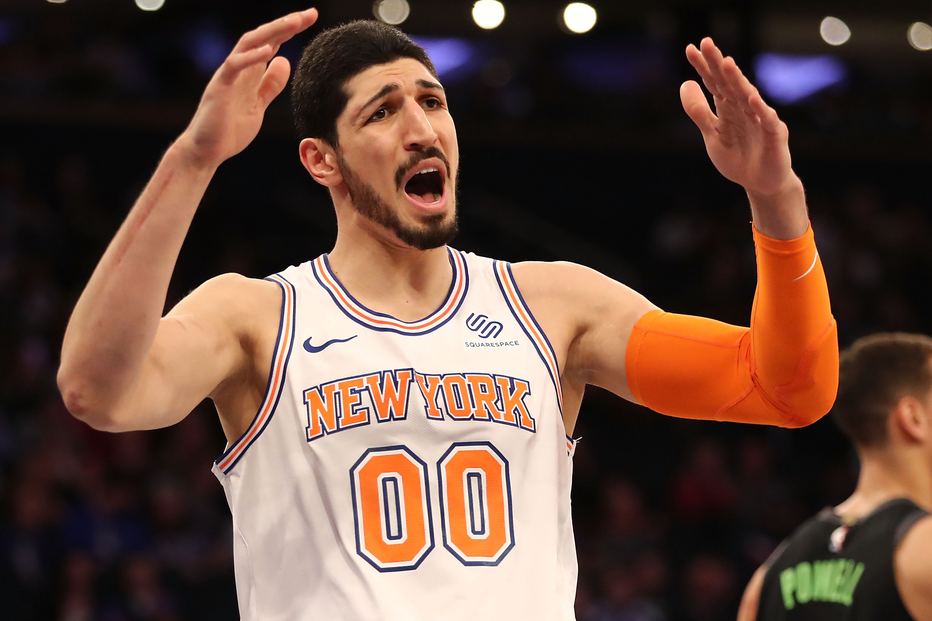 Enes Kanter #00 of the New York Knicks reacts in the second quarter against the Dallas Mavericks during their game at Madison Square Garden on March 13, 2018 in New York City. (Abbie Parr—Getty Images)