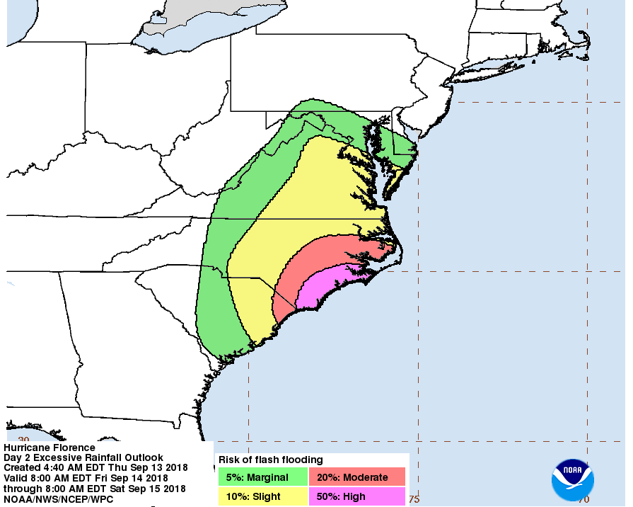 Hurricane Florence carries a heavy risk of flash floods as it brings up to 13-foot storm surge and a possible 40 inches of rain to the Carolina coast. (National Hurricane Center)