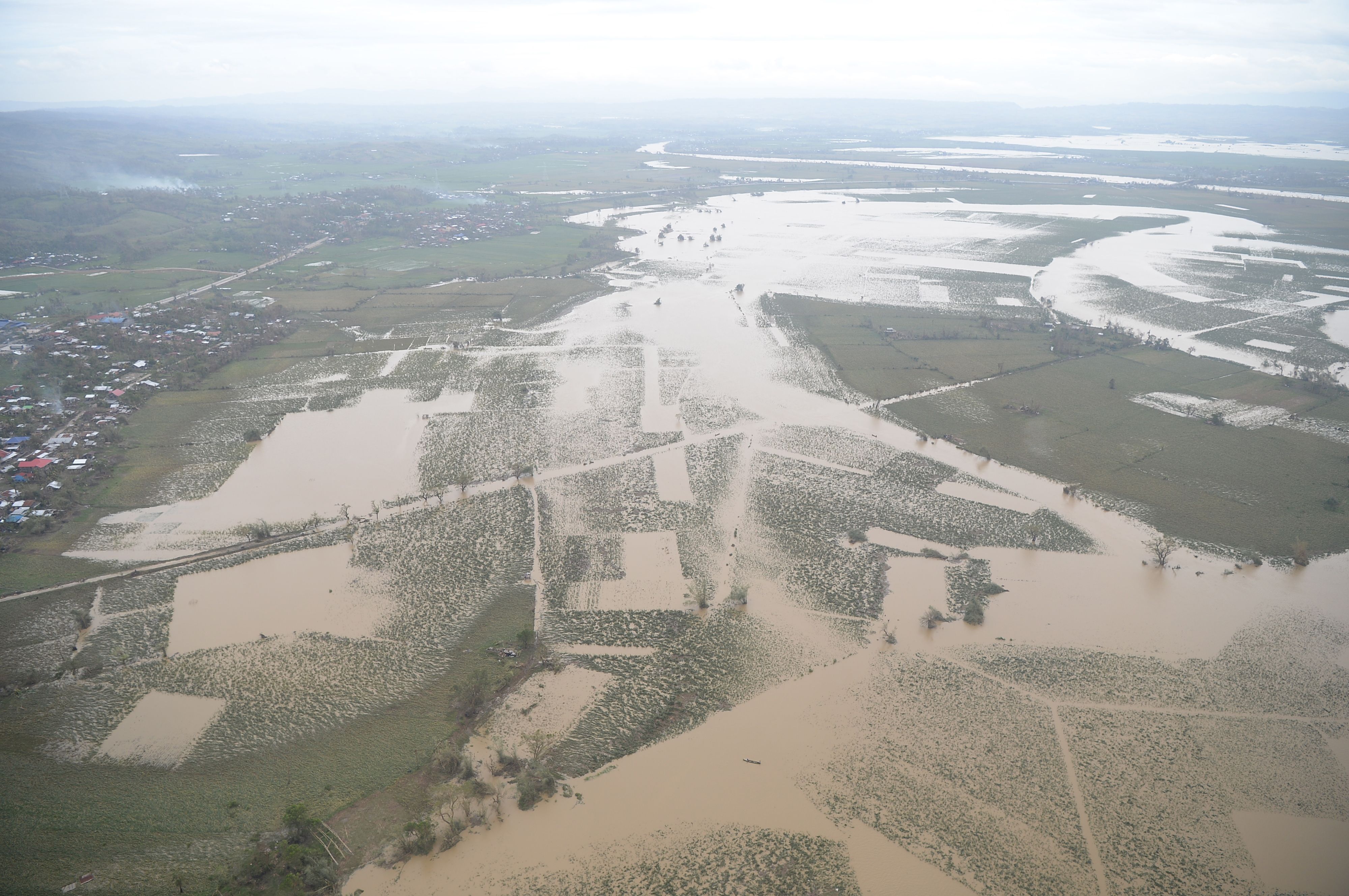 Aerial shot of flooded rice and corn fields due to heavy rains brought about by Typhoon Mangkhut near Alcala, Cagayan province, on Sept. 16, 2018. (Ted Aljibe—AFP/Getty Images)