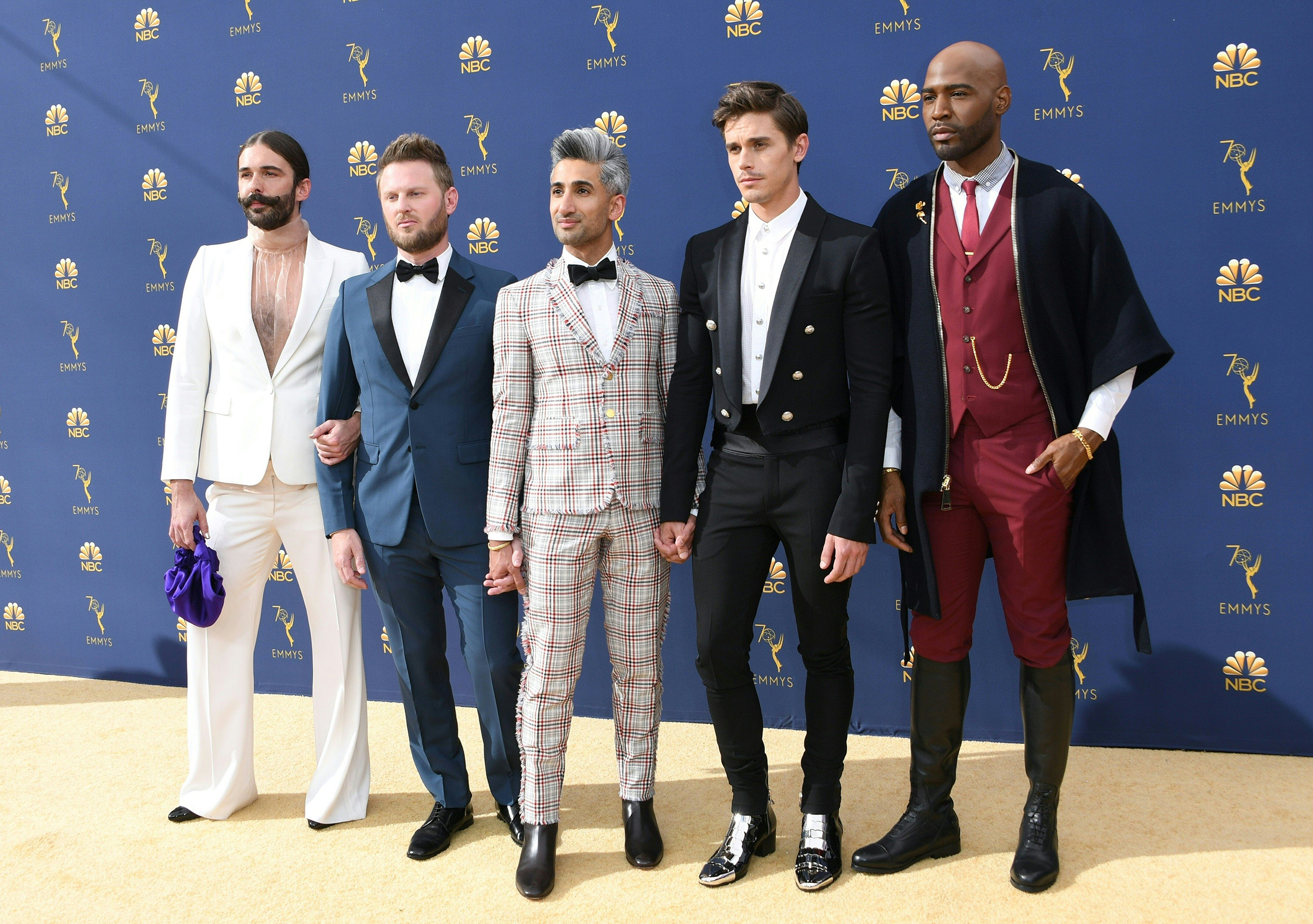 The cast from "Queer Eye" Jonathan Van Ness, Bobby Berk, Tan France, Antoni Porowski and Karamo Brown arrive at the 70th Emmy Awards on Sept. 17. (Valerie Macon—AFP/Getty Images)