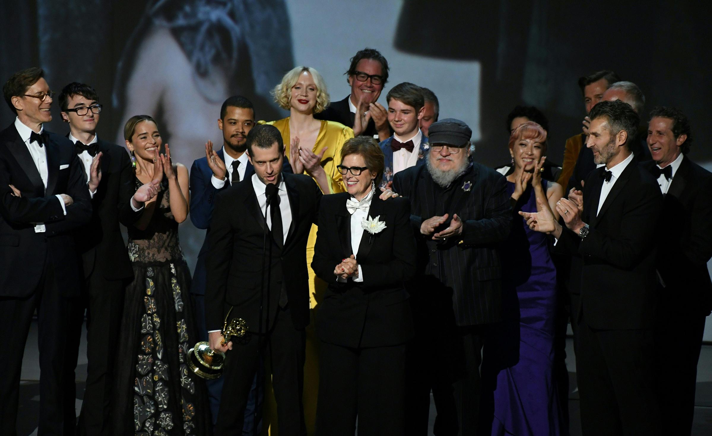 Writer-producer D.B. Weiss and the cast of "Game of Thrones" accept the award Outstanding Drama series onstage during the 70th Emmy Awards at the Microsoft Theatre in Los Angeles on Sept. 17, 2018.