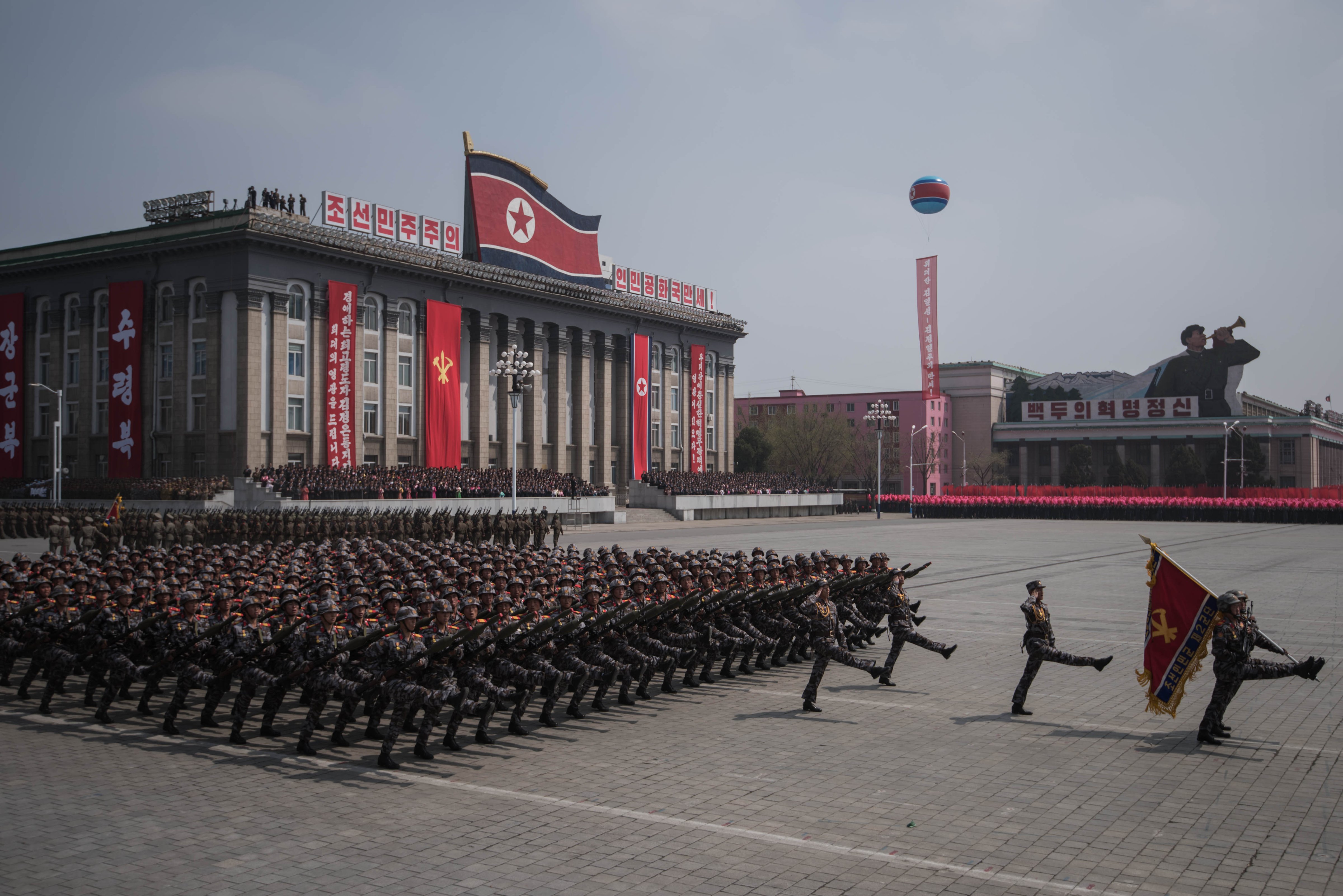 Korean People's Army soldiers watch a military parade marking the 105th anniversary of the birth of late North Korean leader Kim Il-Sung, in Pyongyang on April 15, 2017. (Ed Jones—AFP/Getty Images)