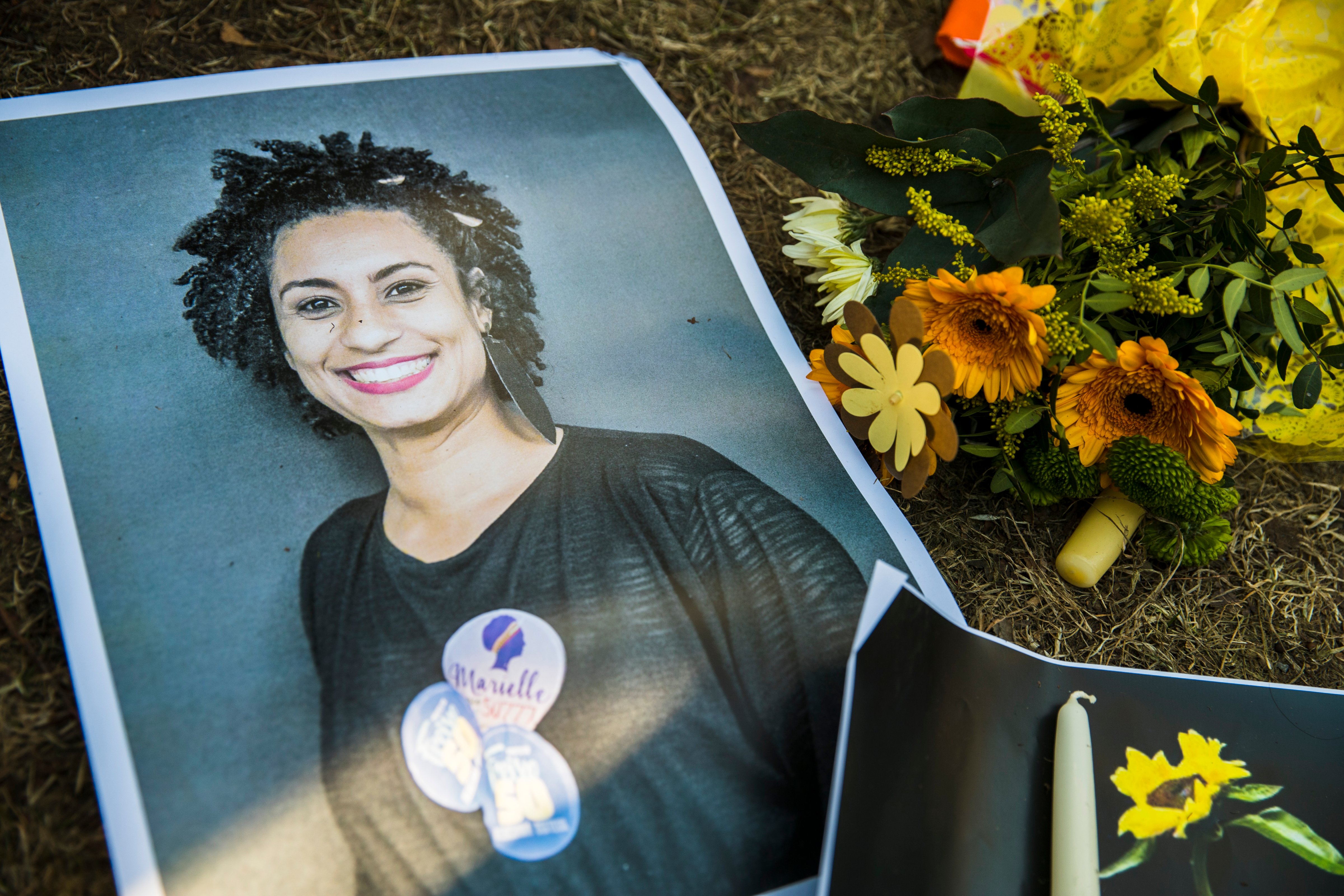 A makeshift memorial is pictured during a protest of Brazilian expats against the killing of Rio de Janeiro's left councilwoman and activist Marielle Franco in Berlin, Germany on March 18, 2018. (NurPhoto/ Getty Images)