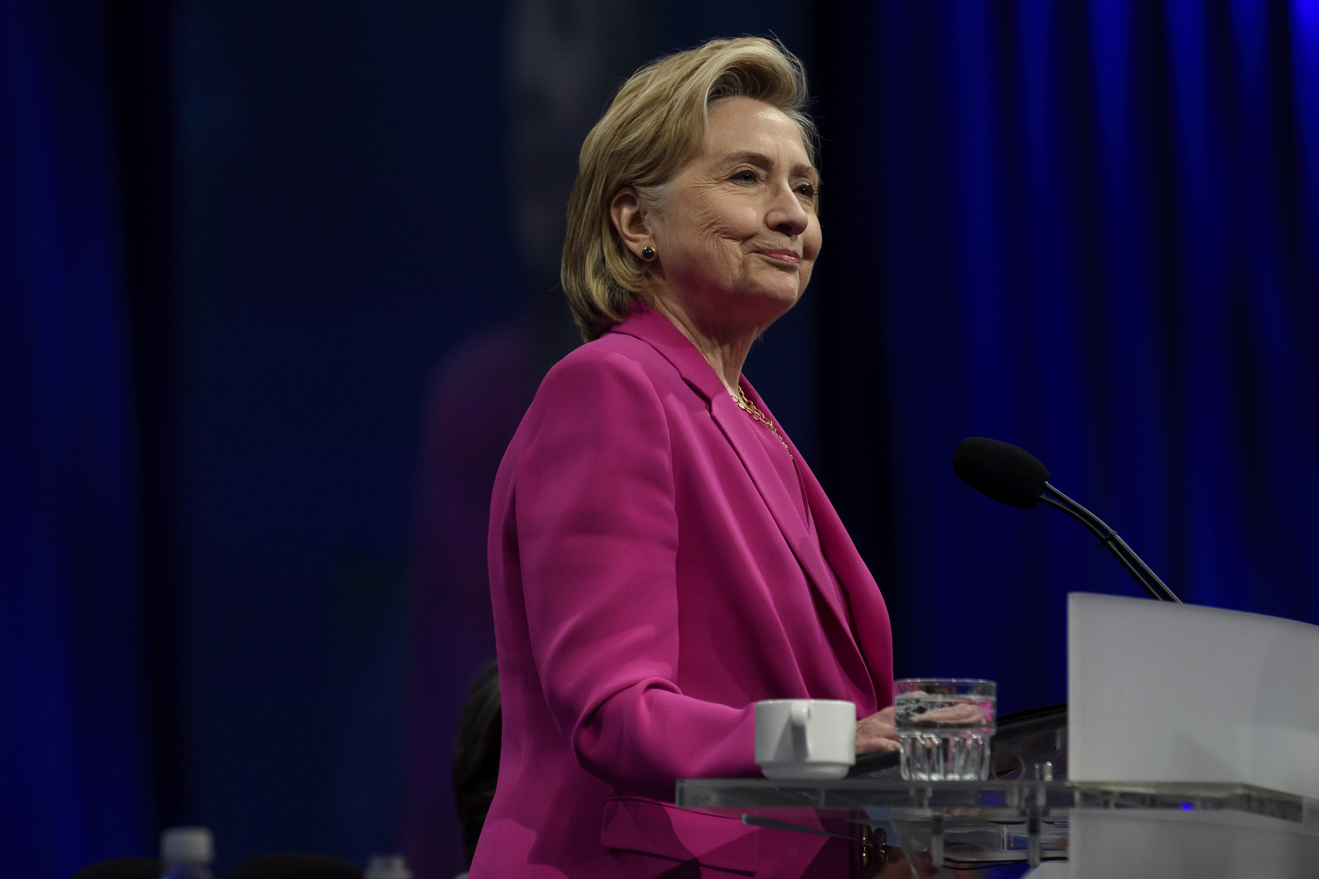 Former Secretary of State Hillary Clinton speaks to the audience at the annual convention of the American Federation of Teachers, in Pittsburgh, Penn. on July 13, 2018. (Jeff Swensen—Getty Images)