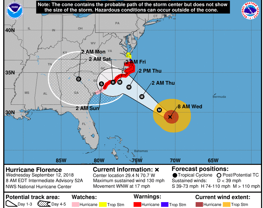 The latest projections of the Hurricane Florence path show it tracking farther south after it makes landfall, according to the National Hurricane Center's 8 a.m. update on Wednesday, Sept. 12. (National Hurricane Center)