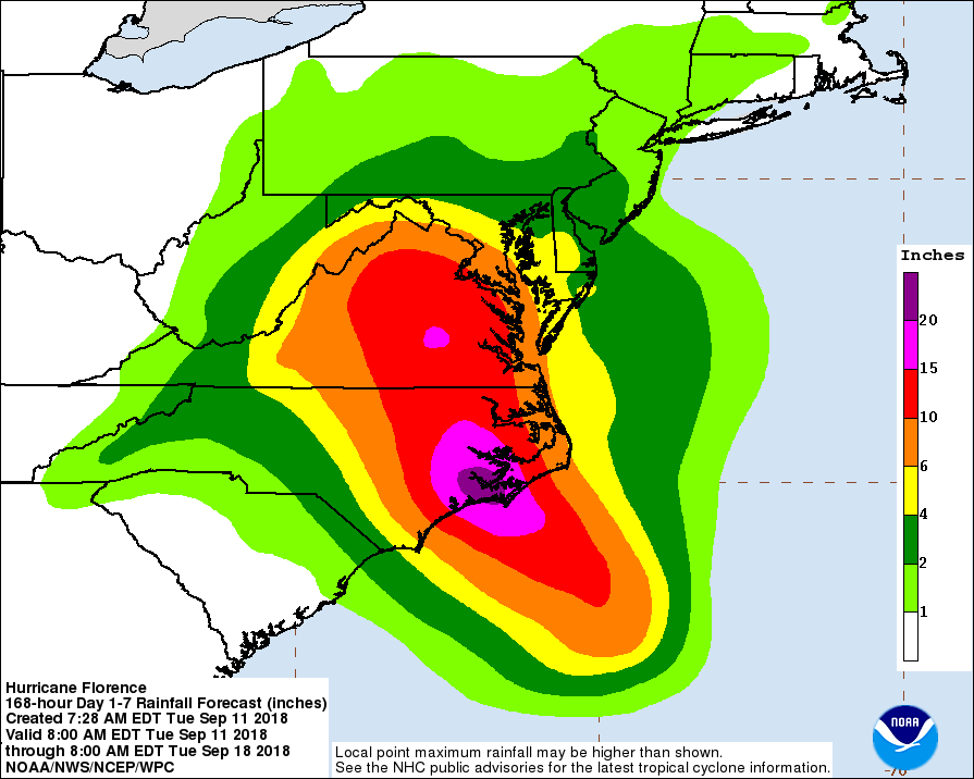 Hurricane Florence could produce up to 30 inches of rainfall in some areas – with 15 to 20 inches expected.  The rainfall could result in "catastrophic flash floods," according to the National Hurricane Center. (National Hurricane Center)