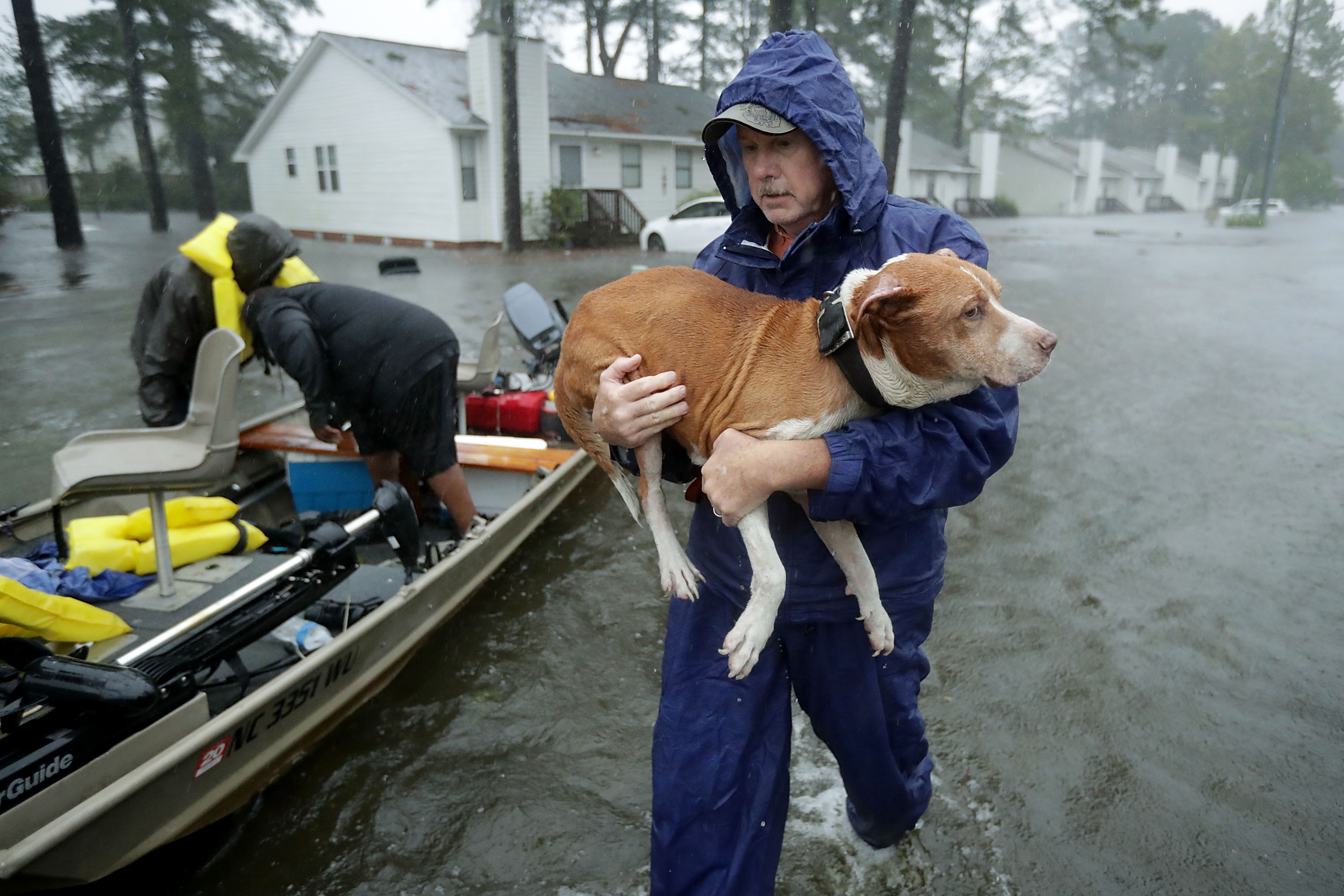 Volunteers from all over North Carolina help rescue residents and their pets from their flooded homes during Hurricane Florence September 14, 2018 in New Bern, North Carolina. (Chip Somodevilla&mdash;Getty Images)