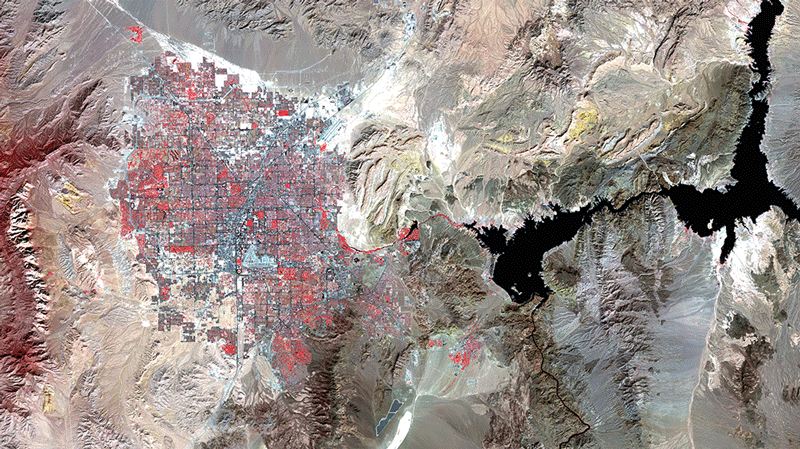 <strong>Las Vegas, Nev., U.S.</strong> <em>1:525,000</em> In one image from April 10, 1976, urban infrastructure is shown in a gridded grey pattern with highly vegetated areas such as golf courses and parks appearing in red; by the date of the second image, October 12, 2015, Las Vegas is one of the fastest-expanding urban areas in the U.S. Not only can we see the expansion of the city in the western portion of the image, but also the shrinking of Lake Mead to the east, emphasizing the resources required for cities and their inhabitants. (Landsat MSS; Landsat OLI/TIRS)