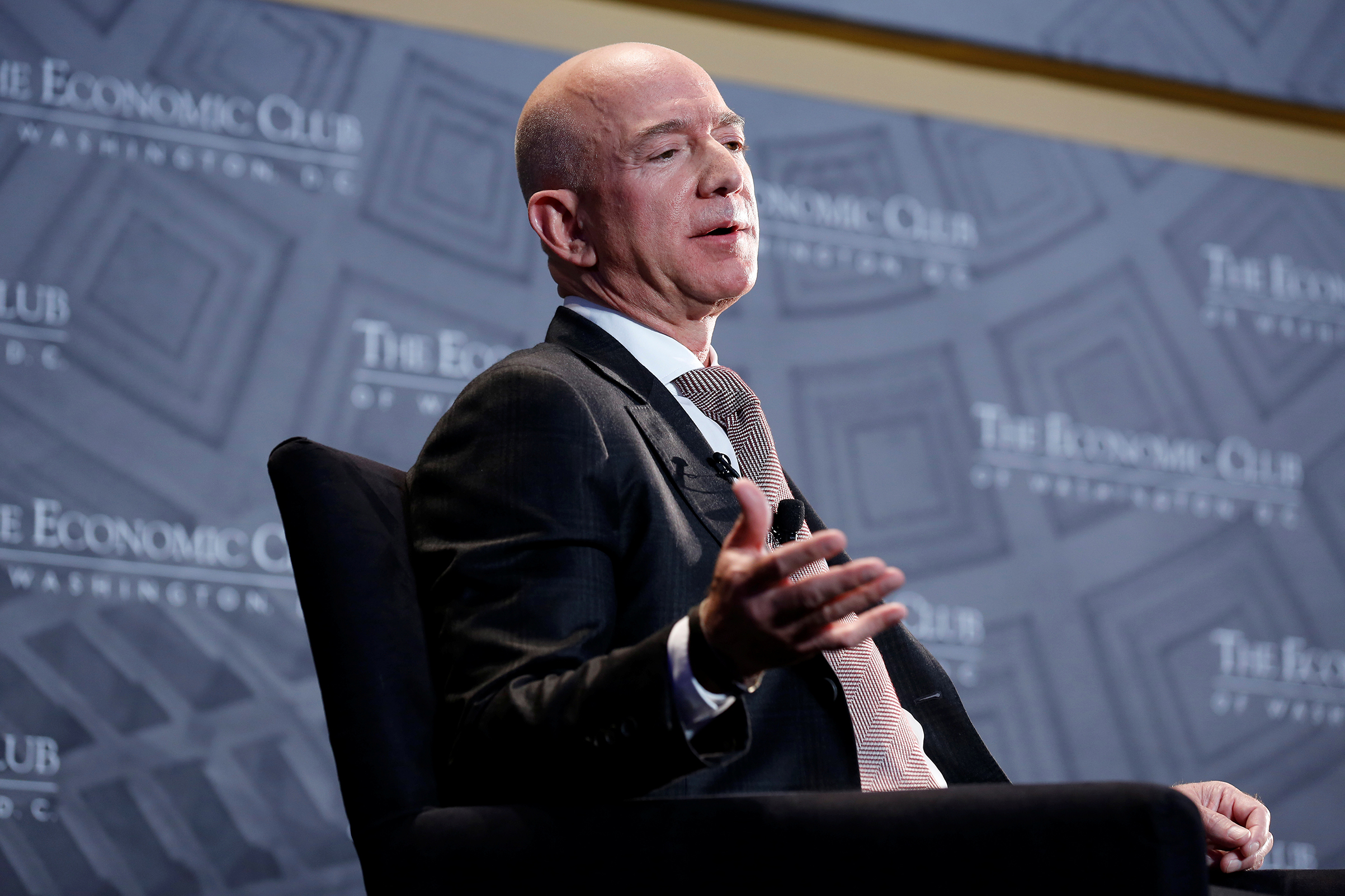 Jeff Bezos, president and CEO of Amazon and owner of The Washington Post, speaks at the Economic Club of Washington DC's "Milestone Celebration Dinner" in Washington, U.S., September 13, 2018. (Joshua Roberts—REUTERS)