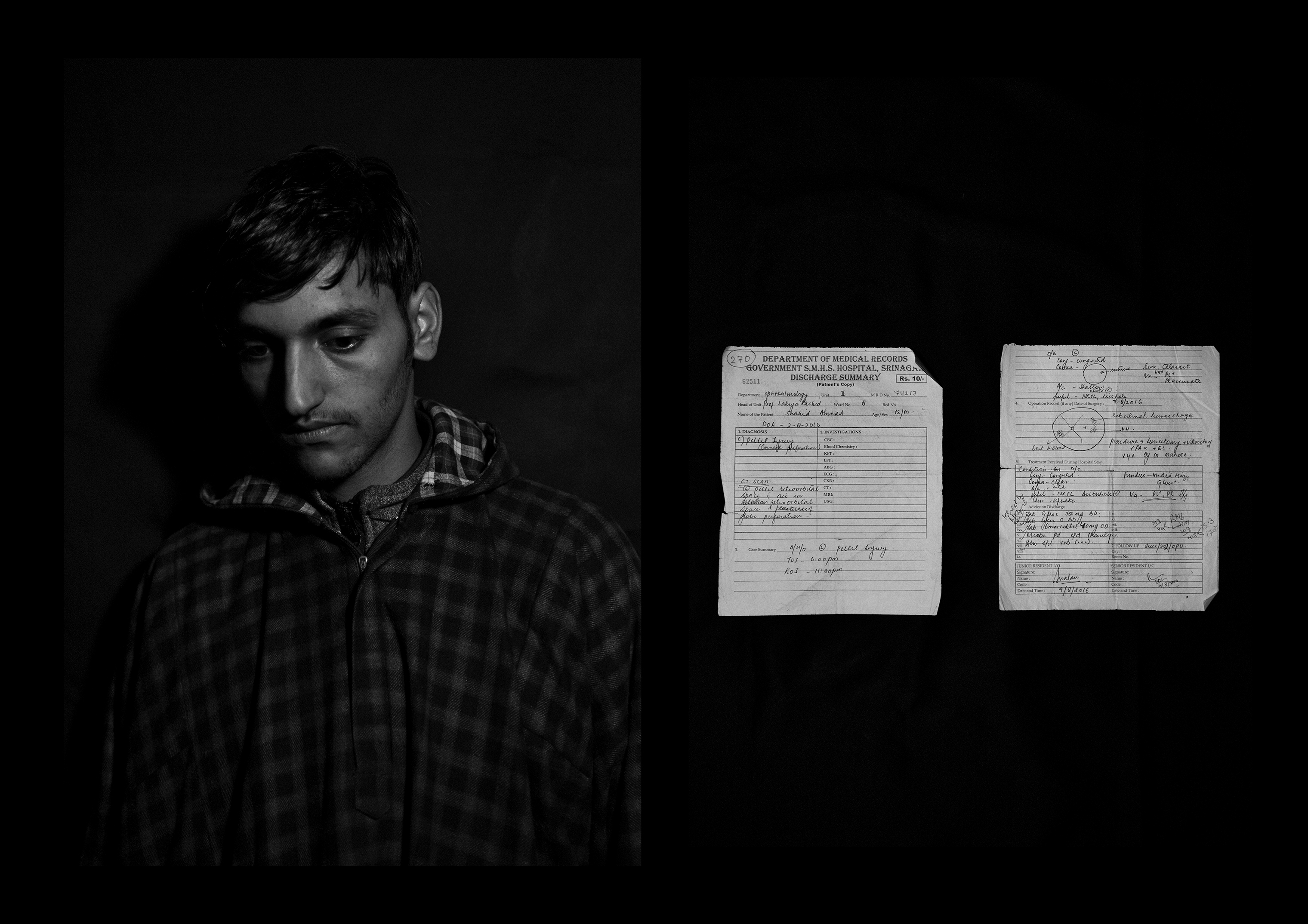 Shahid Ahmad Wani, 16 years old, from Achabal. He was forced to end his studies after being hit by 93 pellets all over his body, with two in the left eye. After three failed surgeries he is now able to only see shadows. To the right of his portrait, his medical records are pictured. (Camillo Pasquarelli)
