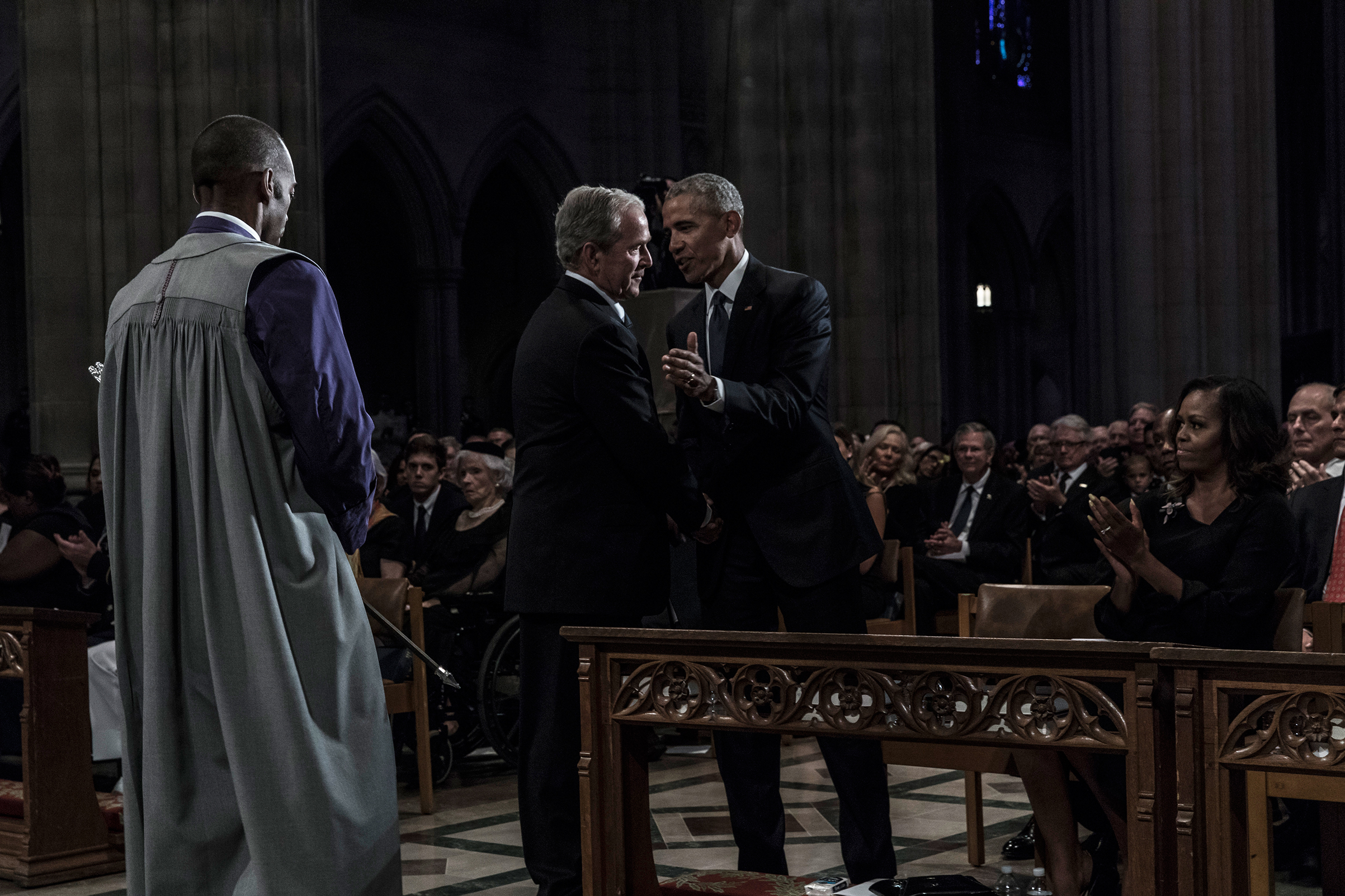 Former US Presidents Barack Obama, and George W. Bush during a memorial service for Senator John McCain at the Washington National Cathedral on September 1, 2018. (Christopher Morris—VII for TIME)