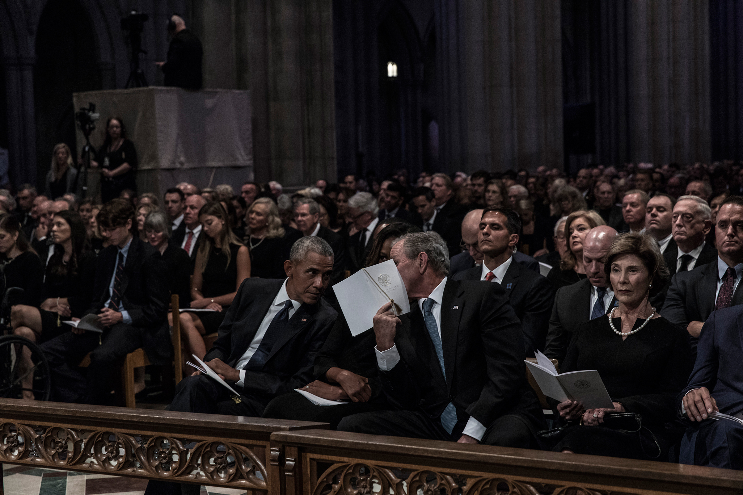 Former US President Barack Obama, Michelle Obama, former President George W. Bush and Laura Bush during a memorial service for Senator John McCain at the Washington National Cathedral on September 1, 2018. (Christopher Morris—VII for TIME)