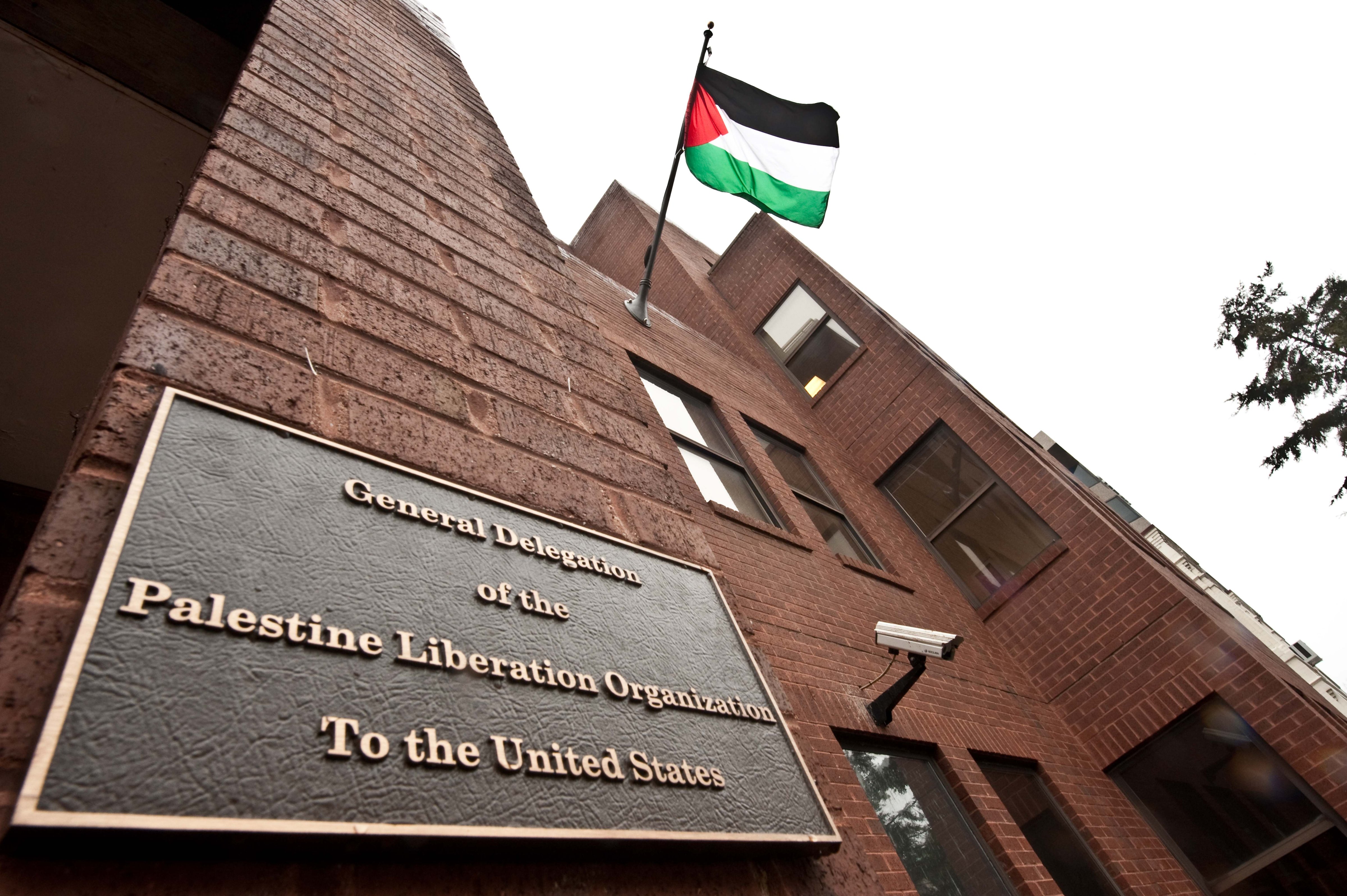 The Palestinian flag flies from the building housing the General Delegation of the Palestine Liberation Organization (PLO) in Washington on January 18, 2011. (Nicholas Kamm—AFP/Getty Images)