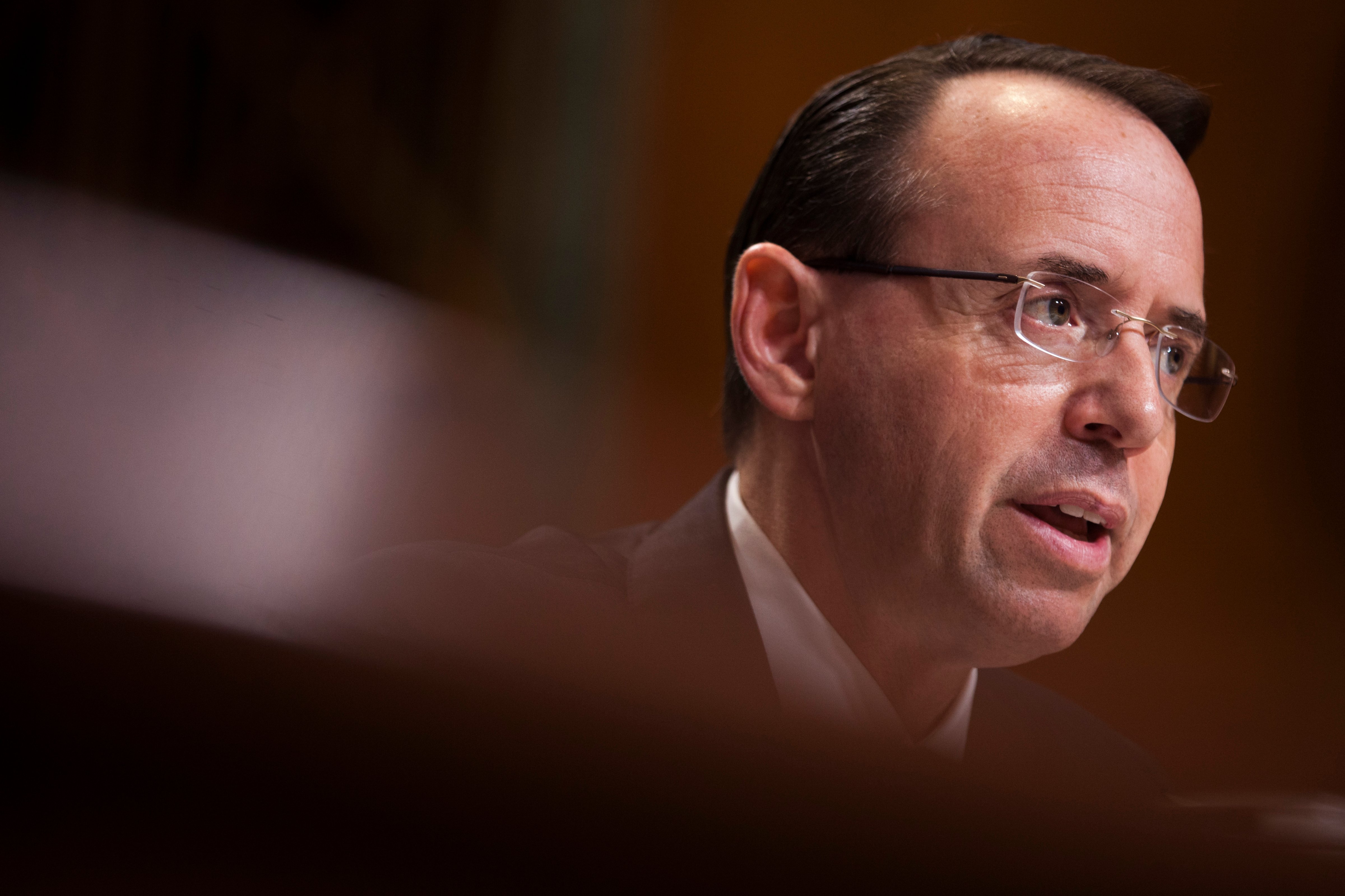 Deputy Attorney General Rod Rosenstein testifies during a Senate Commerce, Justice, Science, and Related Agencies Subcommittee hearing on the Justice Department's proposed FY18 budget  on Capitol Hill on June 13, 2017 in Washington, D.C. (Zach Gibson&mdash;Getty Images)