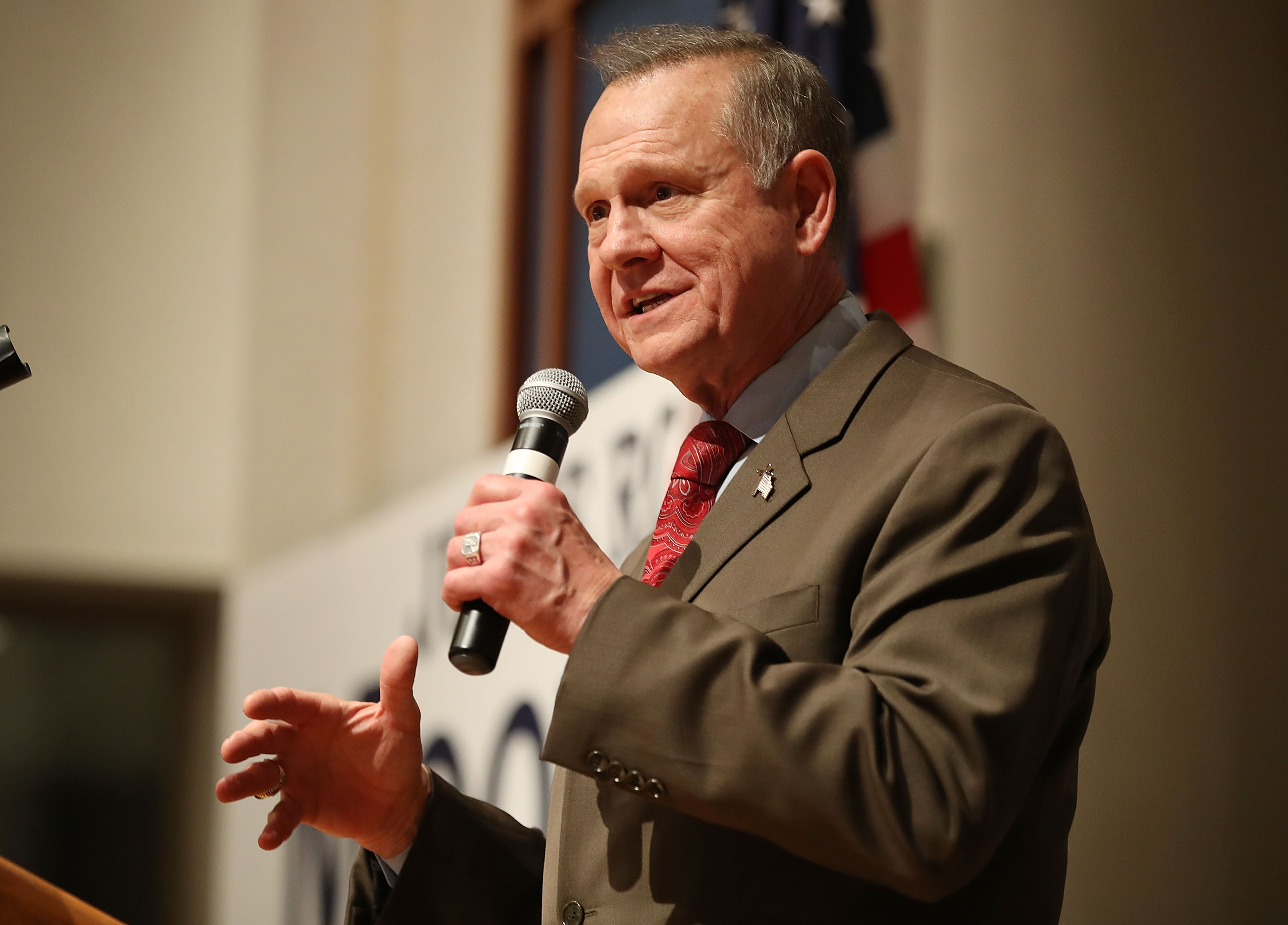 Republican Senatorial candidate Roy Moore speaks about the race against his Democratic opponent Doug Jones is too close and there will be a recount during his election night party in the RSA Activity Center on December 12, 2017 in Montgomery, Alabama. (Joe Raedle&mdash;Getty Images)