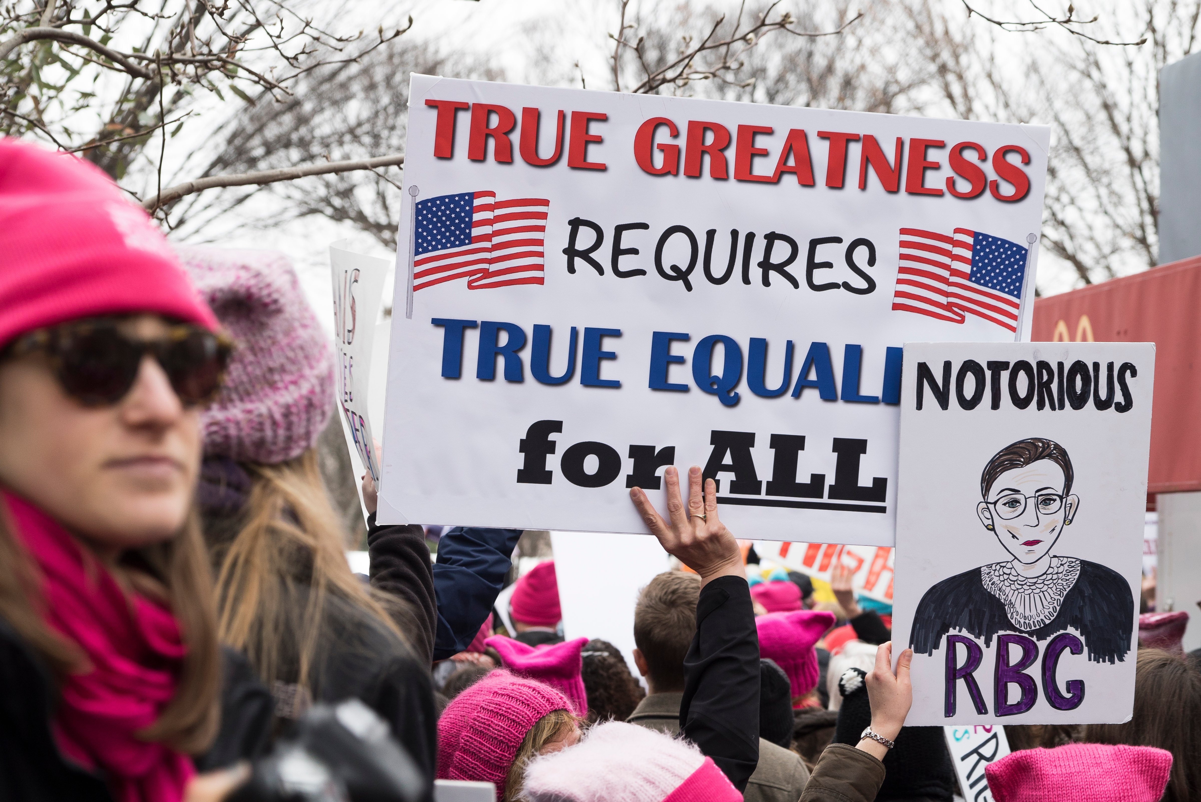 View of demonstrators, many with signs, during the Women's March on Washington, Washington DC, January 21, 2017. One sign features an illustration of US Supreme Court Justice Ruth Bader Ginsburg and reads 'Notorious RBG'. (Photo by Barbara Alper/Getty Images) (Barbara Alper&mdash;Getty Images)