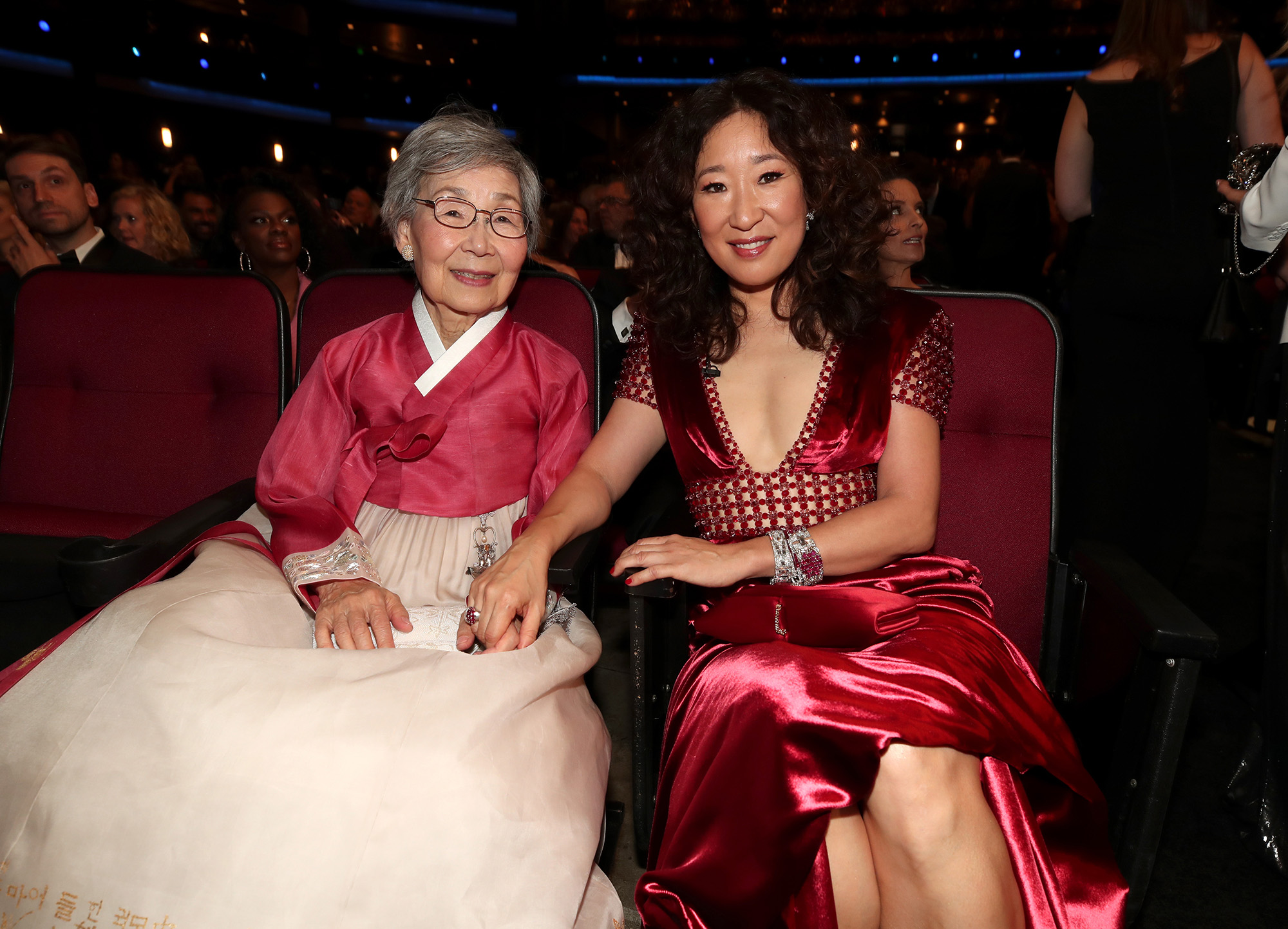 LOS ANGELES, CA - SEPTEMBER 17:  70th ANNUAL PRIMETIME EMMY AWARDS -- Pictured: (l-r) Jeon Young-nam and Sandra Oh arrives to the 70th Annual Primetime Emmy Awards held at the Microsoft Theater on September 17, 2018.  NUP_184221  (Photo by Christopher Polk/NBC/NBCU Photo Bank via Getty Images) (Christopher Polk/NBC—NBCU Photo Bank via Getty Images)
