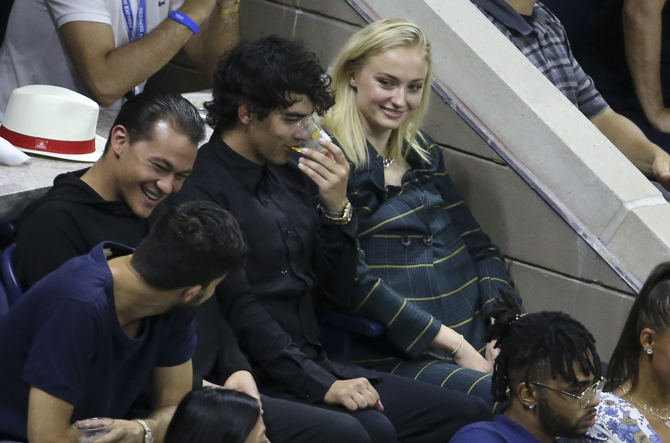 Joe Jonas and girlfriend Sophie Turner have a laugh at the US Open on Arthur Ashe stadium at the USTA Billie Jean King National Tennis Center on August 31, 2018 in Flushing Meadows, Queens, New York City. (Photo by Jean Catuffe/GC Images) (Jean Catuffe—GC Images)
