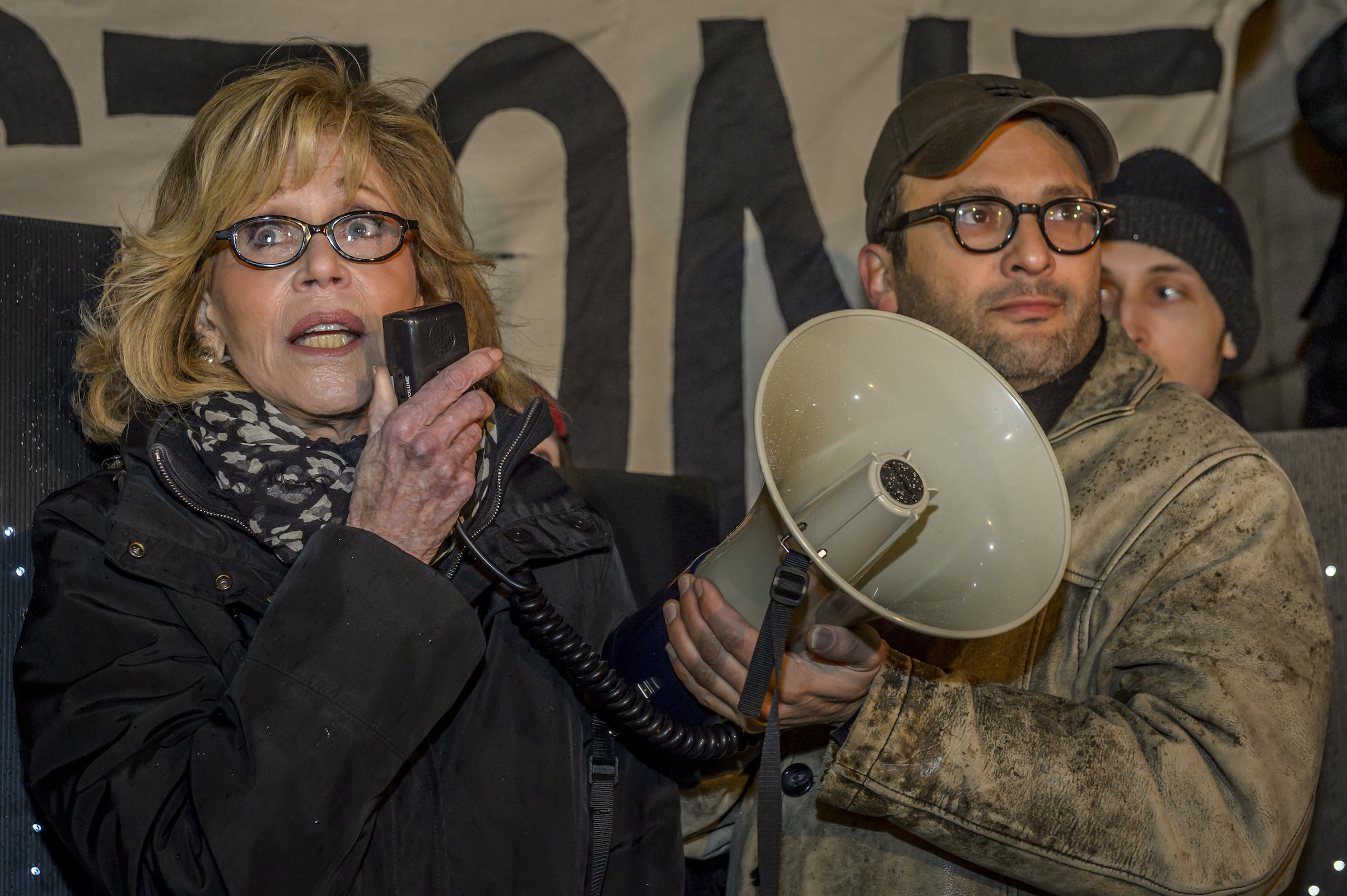 Two-time Academy Award winner Jane Fonda and Gasland Film director Josh Fox joined in the evening of Jan. 24, 2017, at Columbus Circle in New York City for a rally and march to Trump Tower in a massive peaceful protest after Trump signs orders to advance Keystone XL and Dakota Access Pipelines. (Pacific Press/LightRocket/Getty Images)