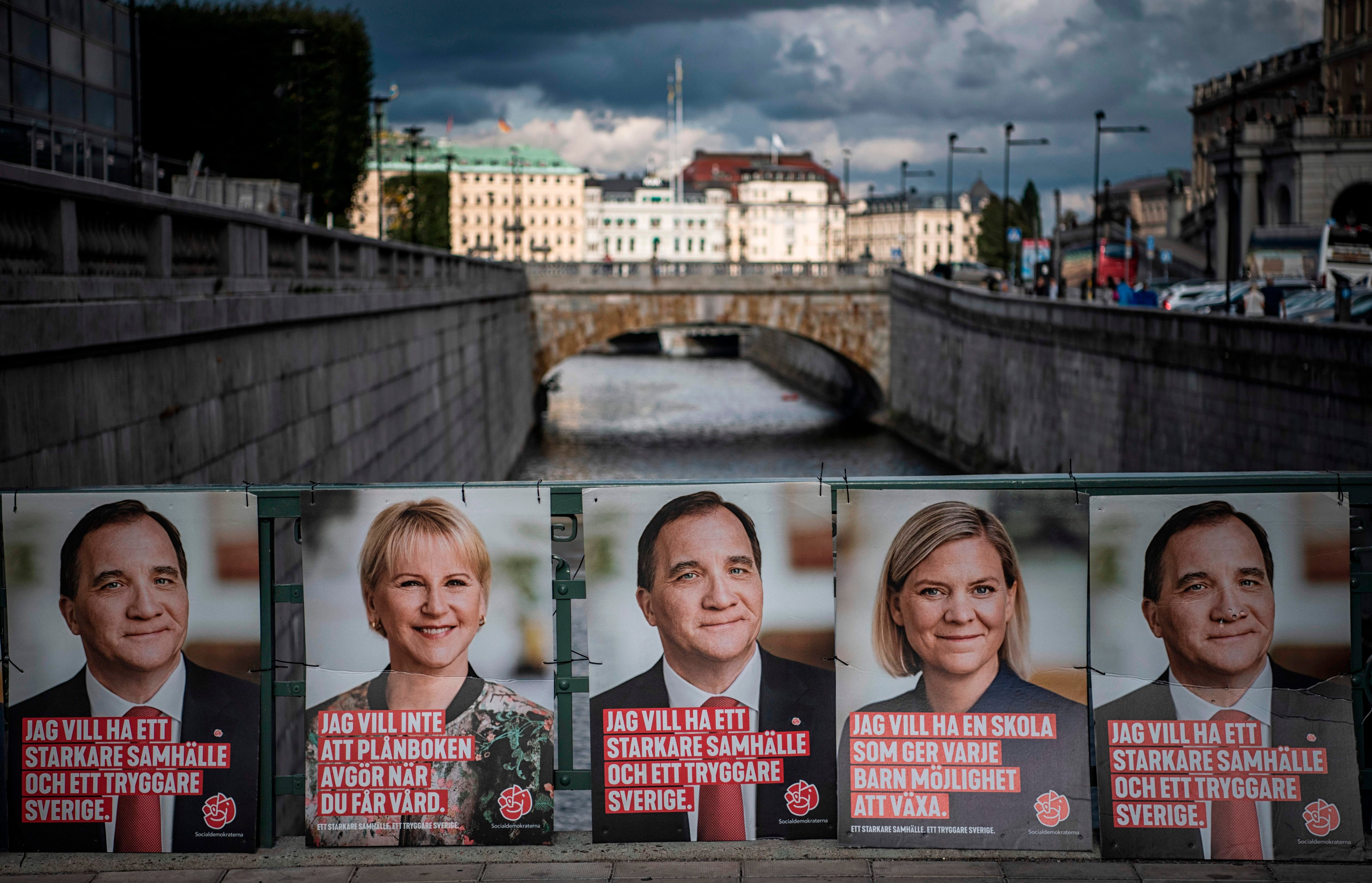 Election posters of the leader of the Social Democrats and Swedish Prime Minister Stefan Loefven, Swedish Minister for Finance Magdalena Andersson (2nd R) and Sweden's Foreign Minister Margot Wallstrom (2nd L) are pictured on September 1, 2018 in Stockholm. (Jonathan Nackstrand—AFP/Getty Images)