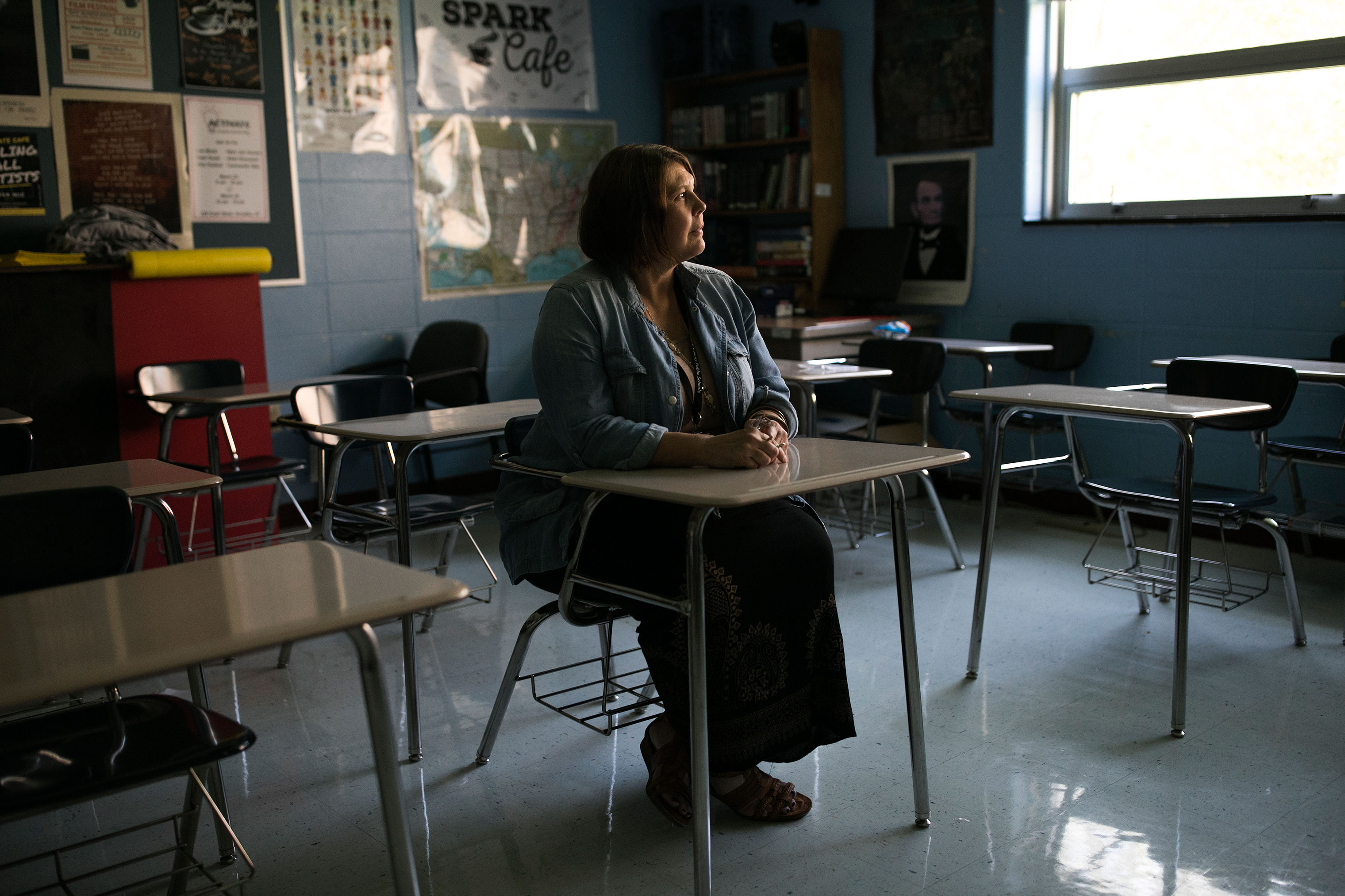 U.S. history teacher Hope Brown sits in a classroom at Woodford County High School in Versailles, Ky., on Aug. 31, 2018. (Maddie McGarvey for TIME/Economic Hardship Reporting Project)