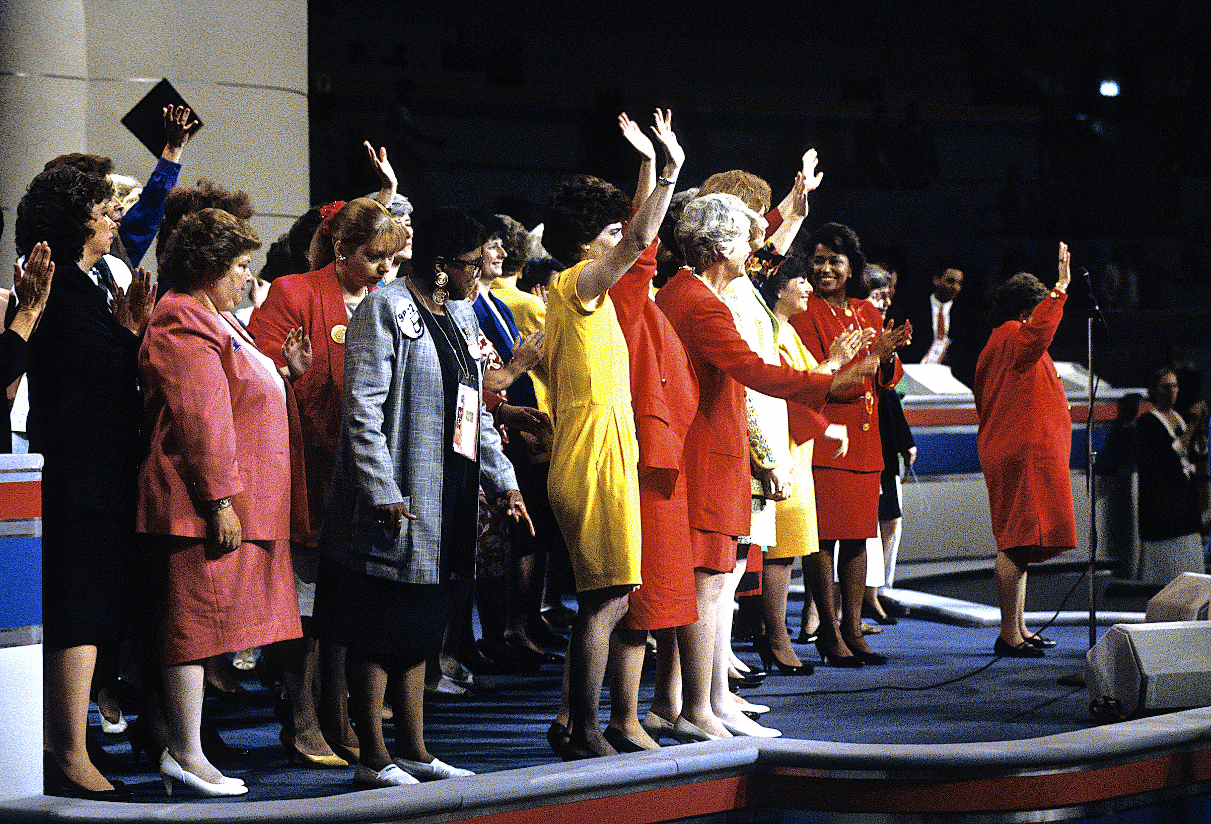Barbara Jordan, Barbara A. Mikulski, Carol Moseley Braun, Dianne Feinstein, Barbara Boxer, Maxine Waters, and Geraldine Ferraro, among others, on stage at the beginning of the Democratic National Convention in July of 1992. (Mark Reinstein—Corbis/Getty Images)