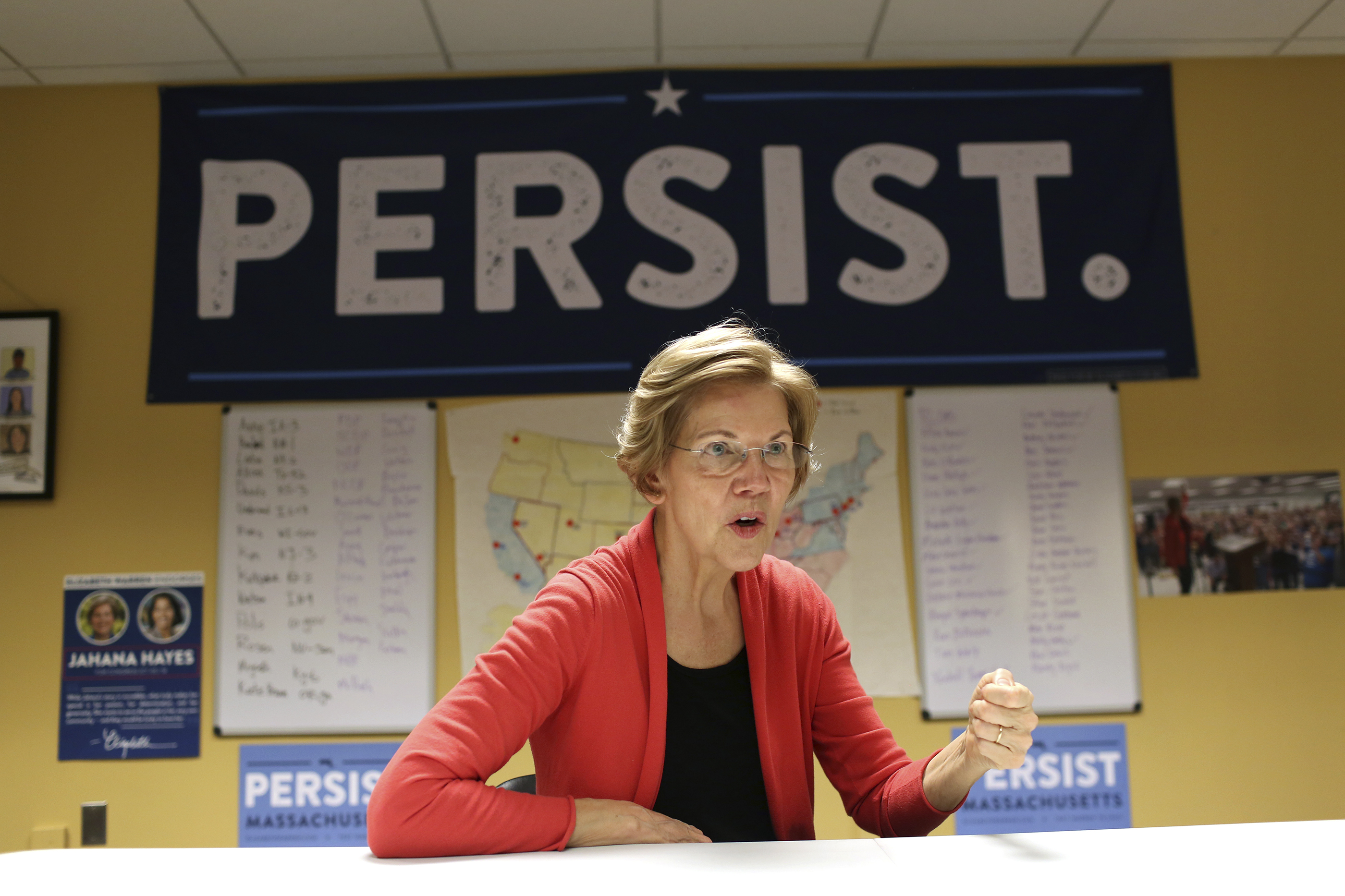 Senator Elizabeth Warren speaks in the Democratic Outreach Team's room at her campaign headquarters in Dorchester, October 12, 2018. Hadley Green—Washington Post/Getty Images. (Hadley Green—Washington Post/Getty Images.)