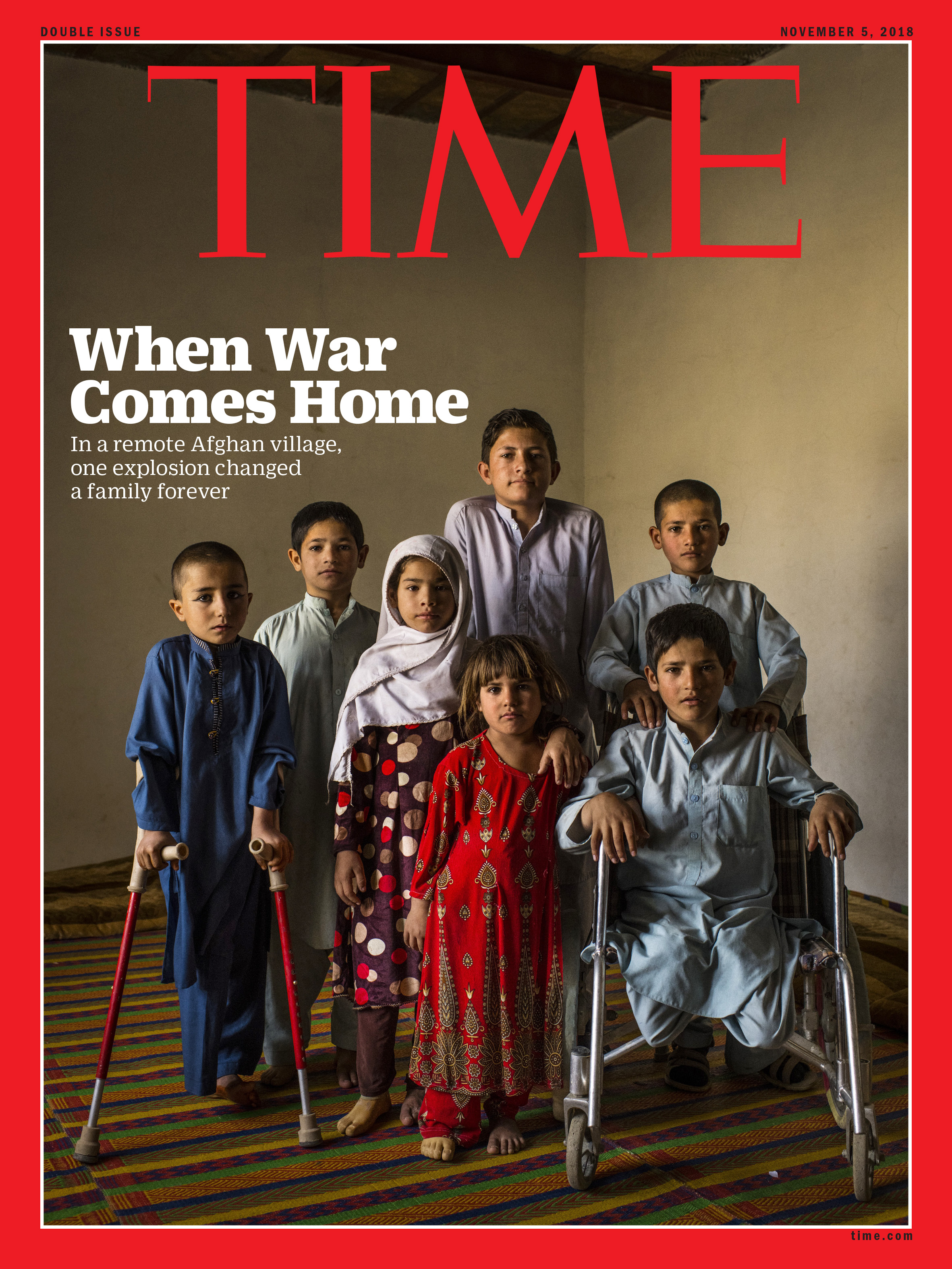 The seven children inside their makeshift home classroom on Oct. 11. From left: Aman, Mangal, Rabia, Marwa, Shafiqullah (at rear), Abdul Rashid (in wheelchair) and his twin Bashir. Abdul Rashid, who aggravated one of his wounds while wrestling with his brothers, was the only one yet to be fitted for prostheses. Aman was waiting for his to be repaired, after breaking it while playing. (Andrew Quilty for TIME)