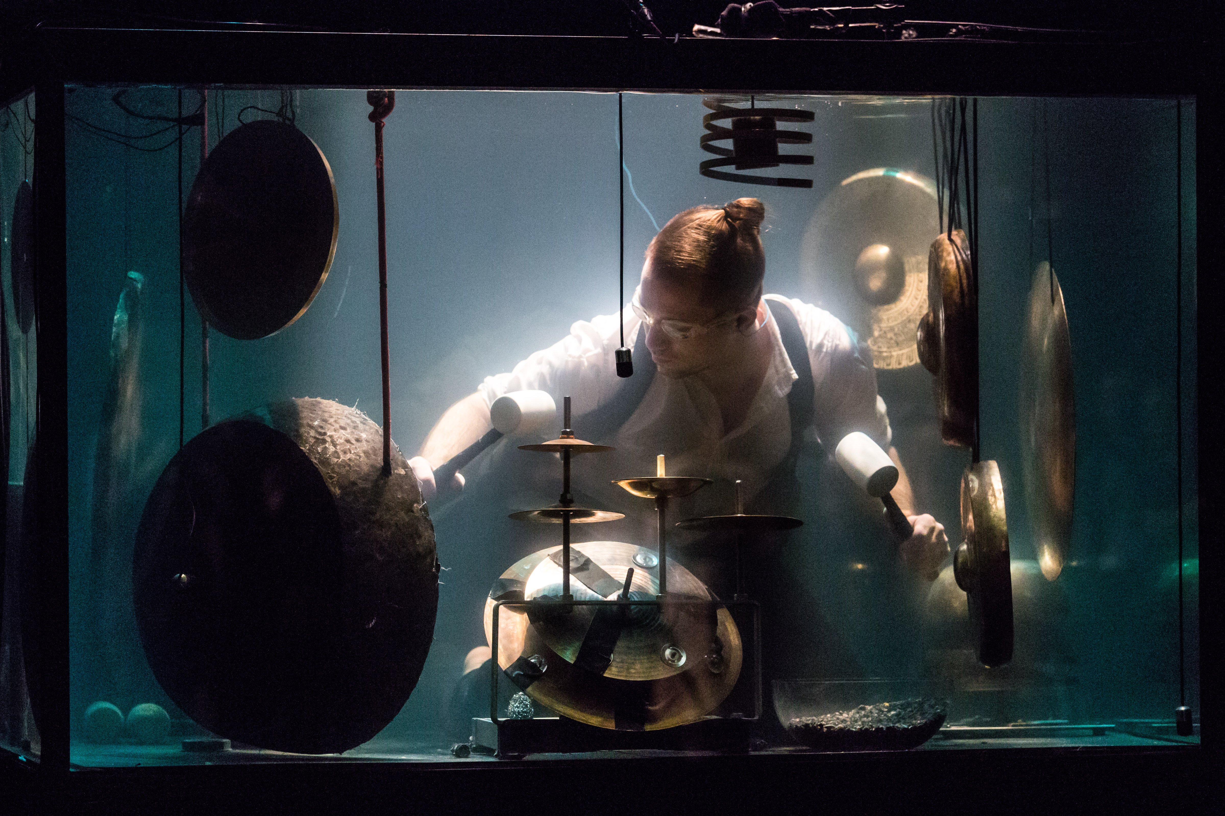 Drummer Morten Poulsen performs underwater ahead of a performance of AquaSonic at Hong Kong's New Vision Arts Festival, Oct. 25, 2018. (Aria Chen—TIME)