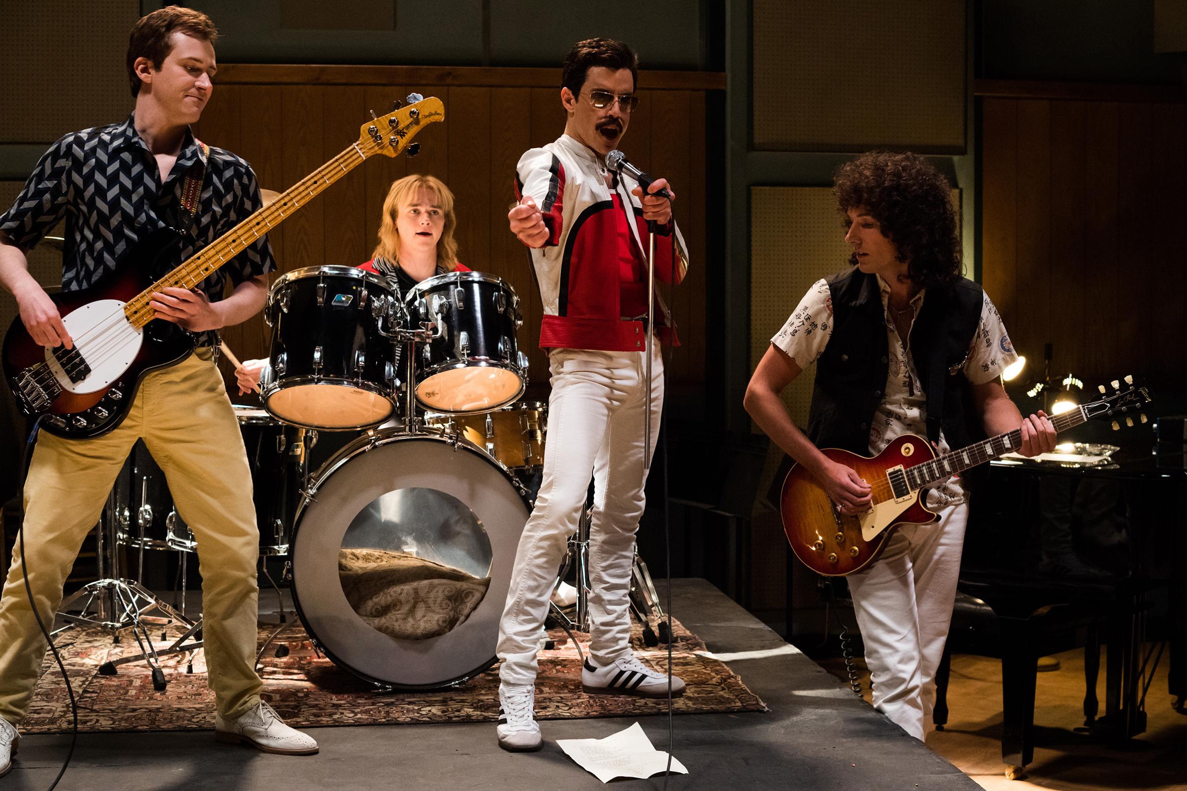 L-R: Joe Mazzello (John Deacon), Ben Hardy (Roger Taylor), Rami Malek (Freddie Mercury), and Gwilym Lee (Brian May) star in Twentieth Century Fox’s Bohemian Rhapsody