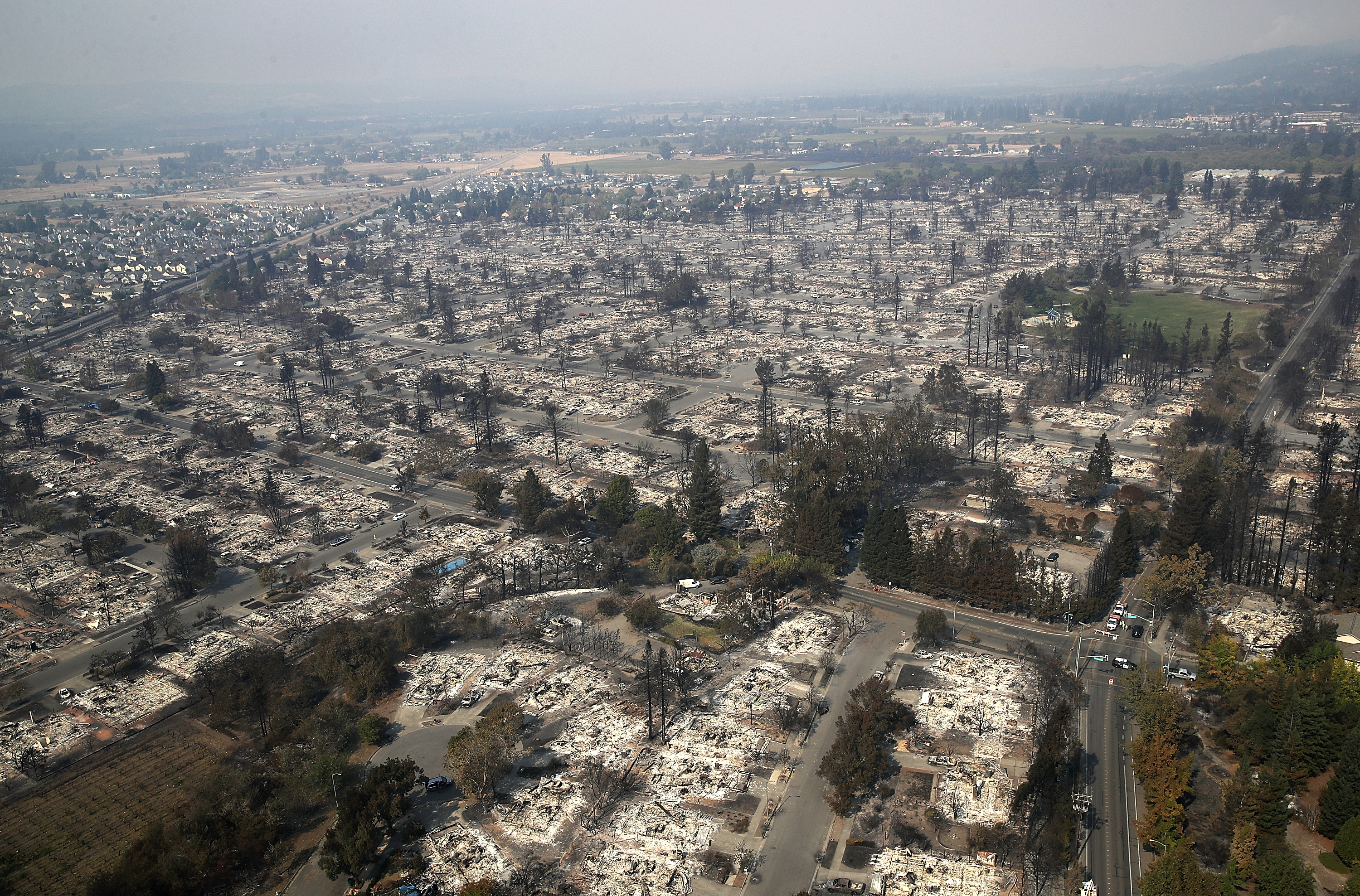 A view of hundreds of homes in the Coffey Park neighborhood that were destroyed by the Tubbs Fire on October 11, 2017 in Santa Rosa, California. (Justin Sullivan—Getty Images)