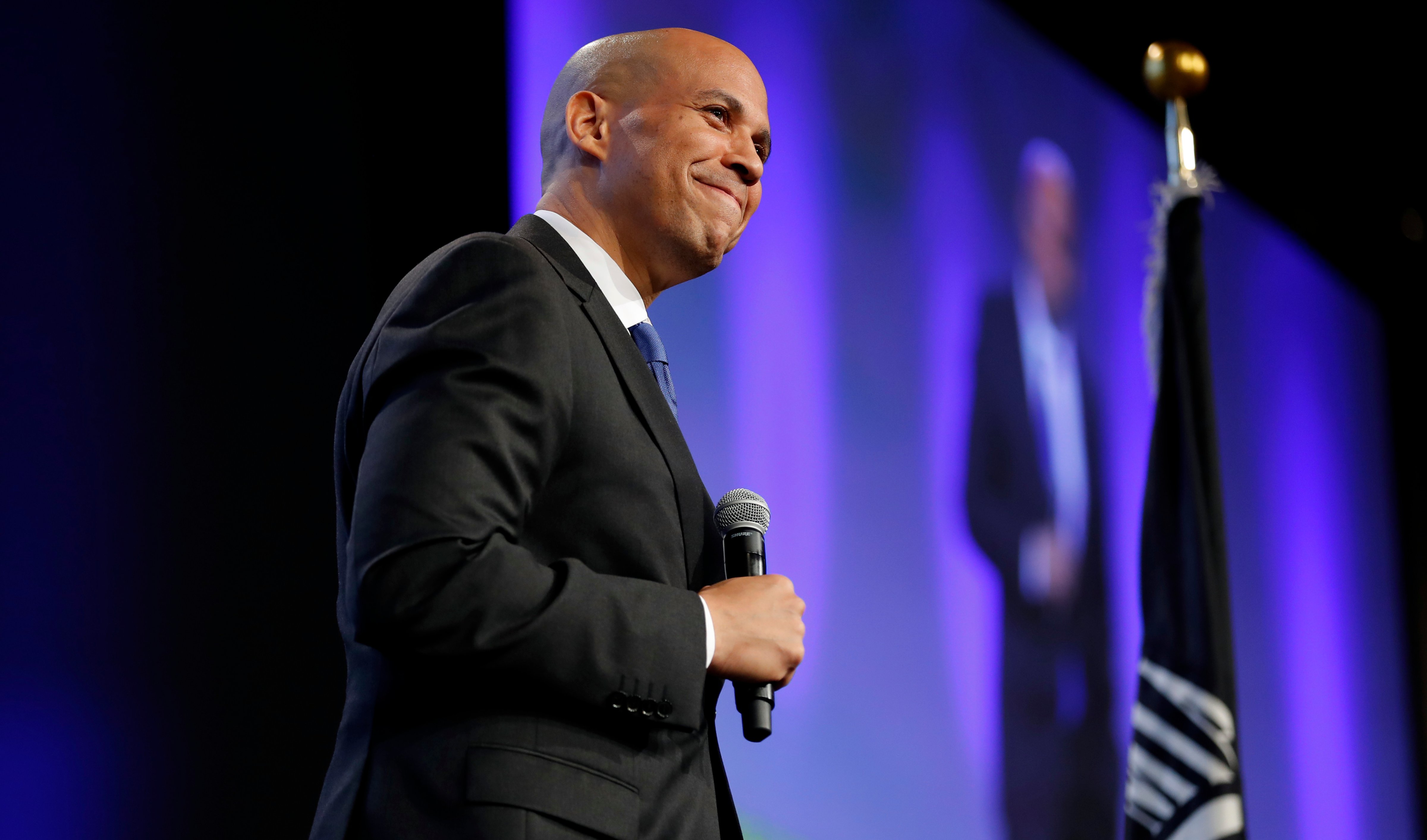U.S. Sen. Cory Booker, D-N.J., speaks during the Iowa Democratic Party's annual Fall Gala, in Des Moines, Iowa, on Oct. 6, 2018. (Charlie Neibergall—AP/REX/Shutterstock)