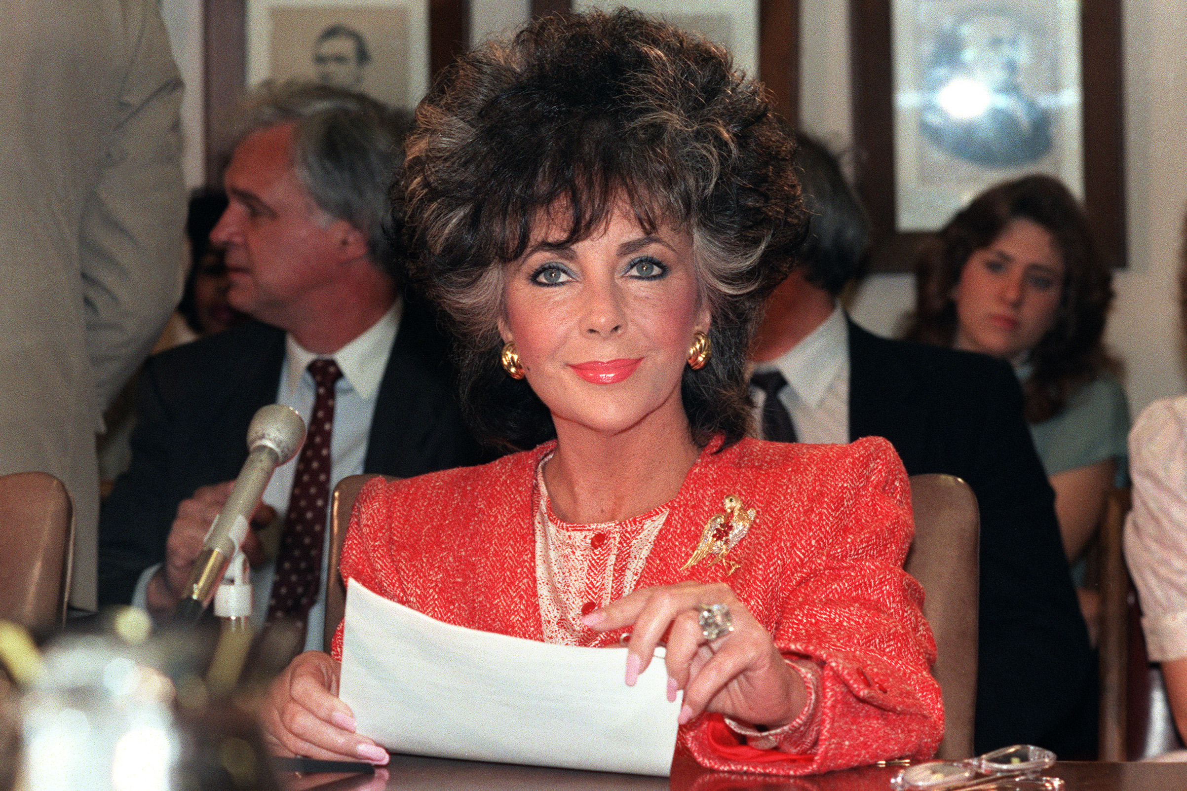 Elizabeth Taylor testifies before a Senate sub-committee on May 8, 1986 in Washington as chairman of the American Foundation for AIDS Research (amfAR). (Jerome Delay—AFP/Getty Images)