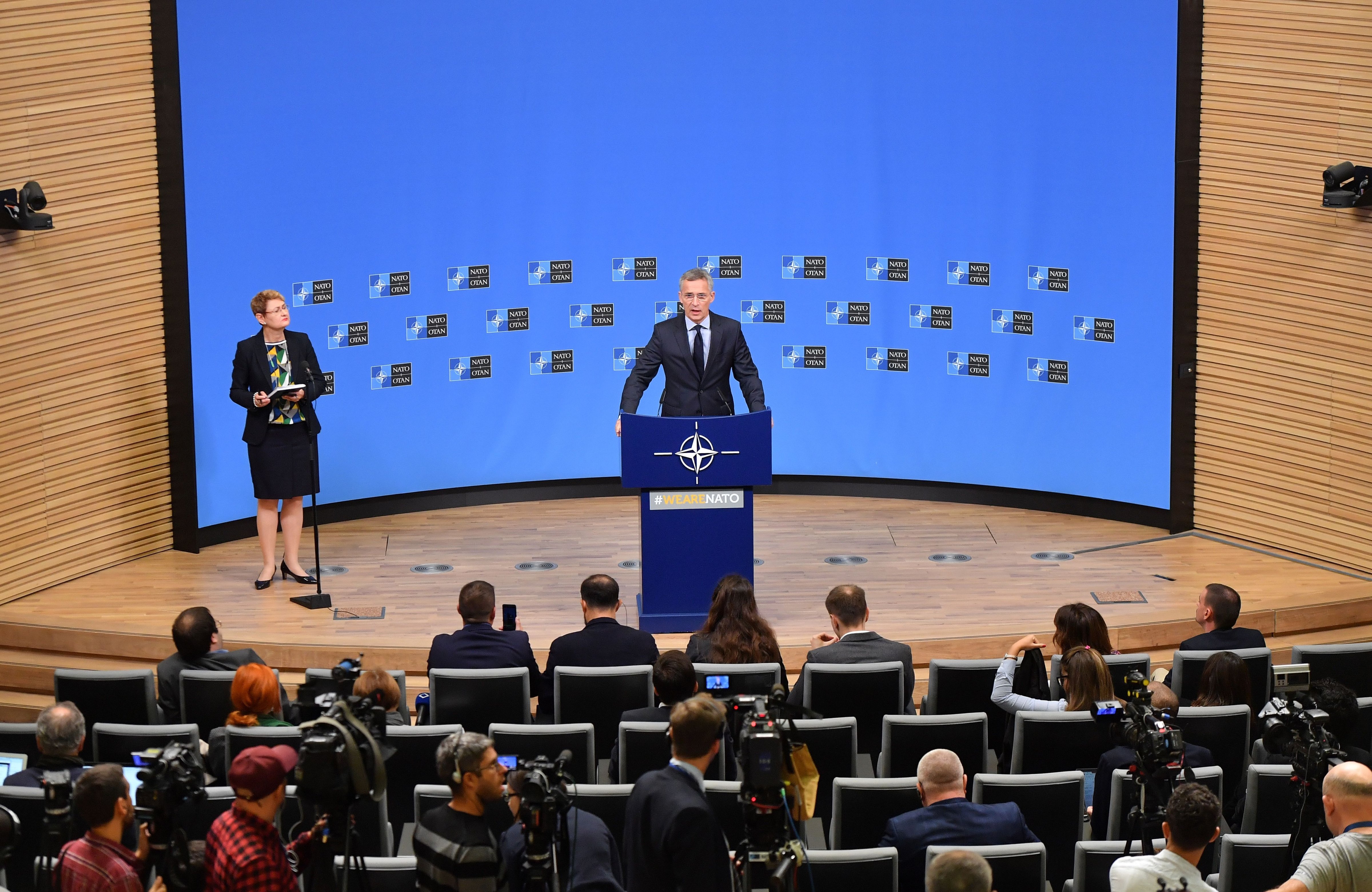 NATO Secretary General Jens Stoltenberg addresses a press conference ahead of a NATO defence ministerial meeting at NATO headquarters in Brussels on October 2, 2018. (EMMANUEL DUNAND&mdash;AFP/Getty Images)