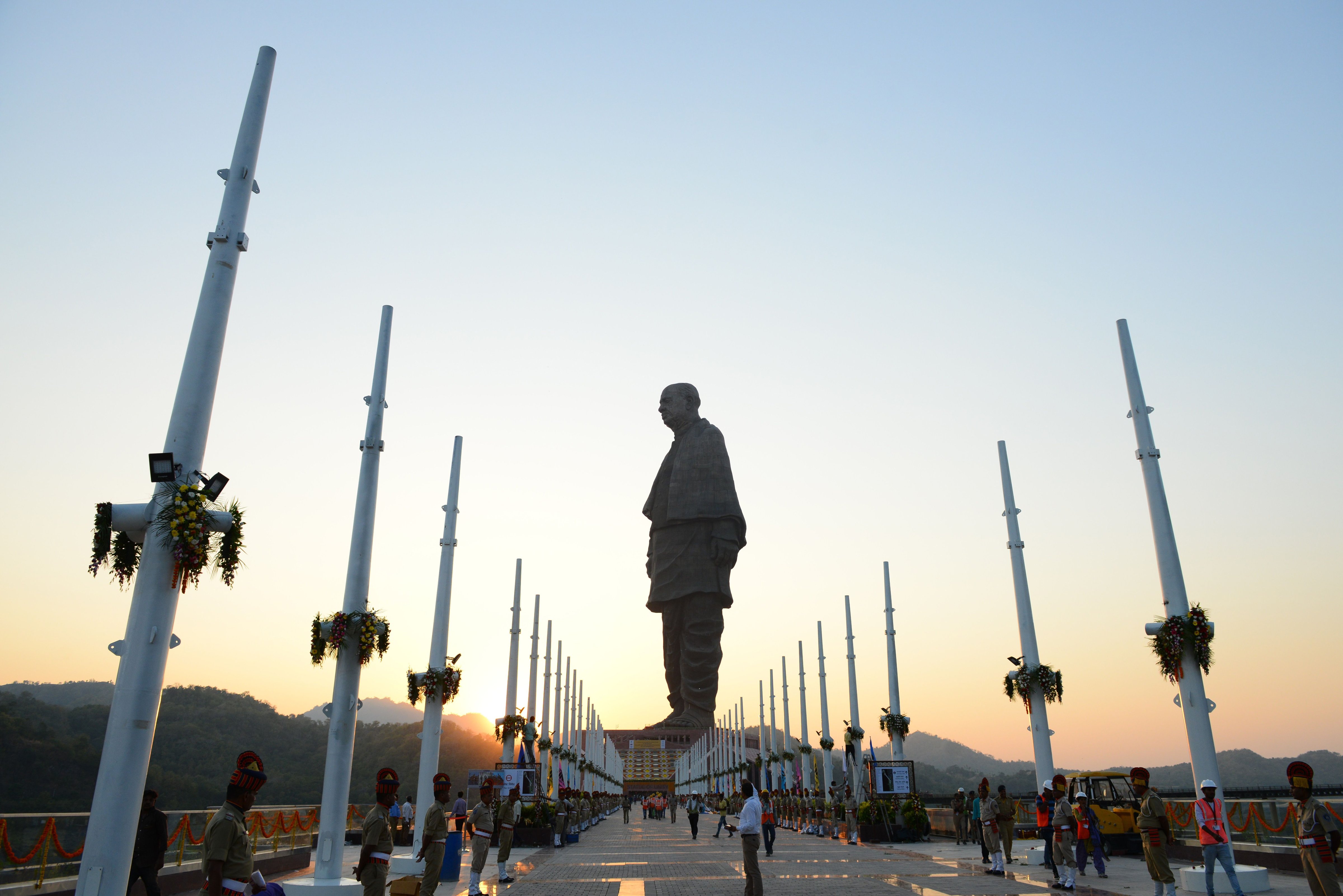 Indian policemen stand guard near the "Statue Of Unity," the world's tallest statue dedicated to Indian independence leader Sardar Vallabhbhai Patel, near Vadodara in India's western Gujarat state on October 31, 2018. (SAM PANTHAKY-AFP/Getty Images)
