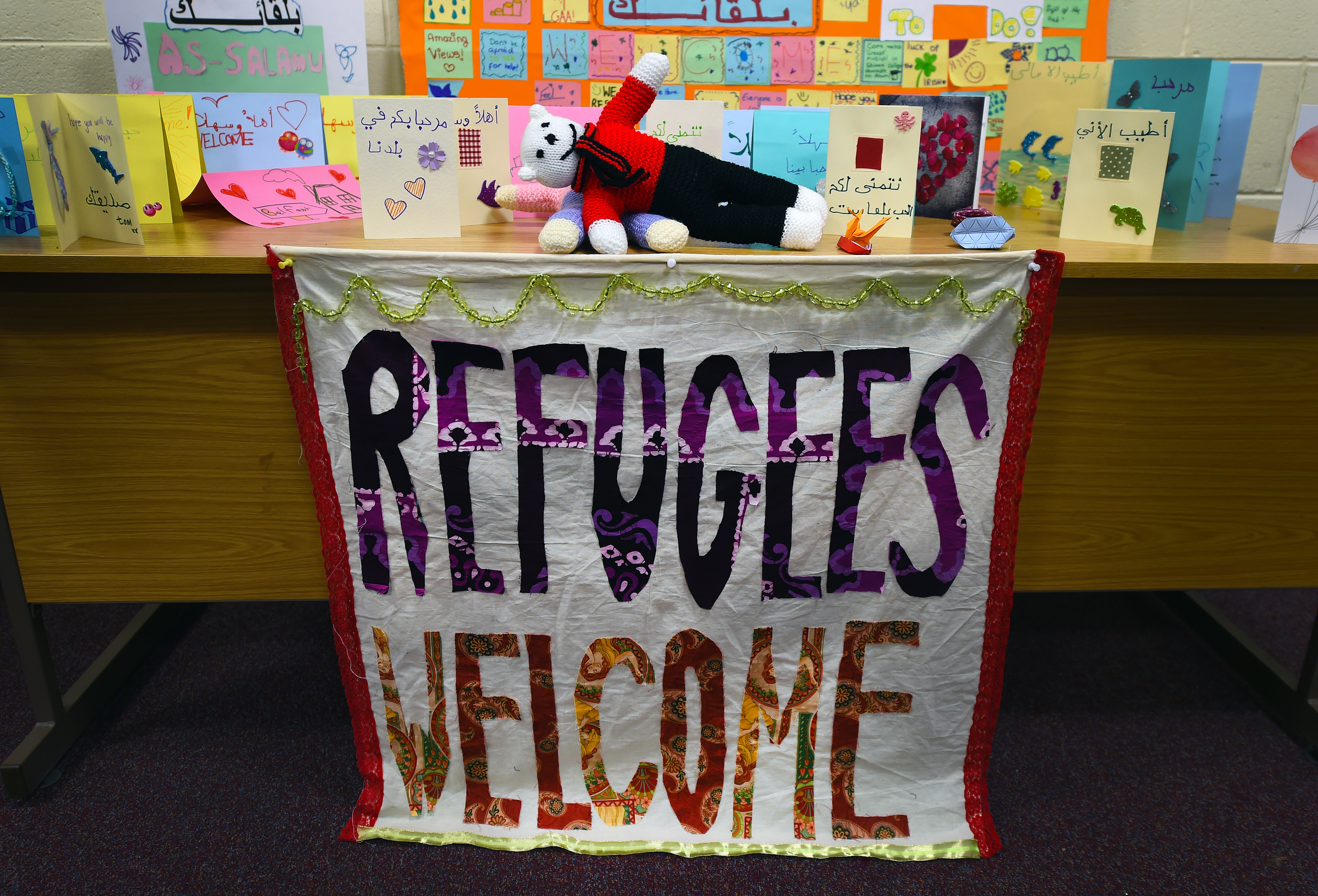 Welcoming cards and posters made by local children await Syrian refugees at an undisclosed location on December 14, 2015 in Belfast, Northern Ireland. (Charles McQuillan—Getty Images)