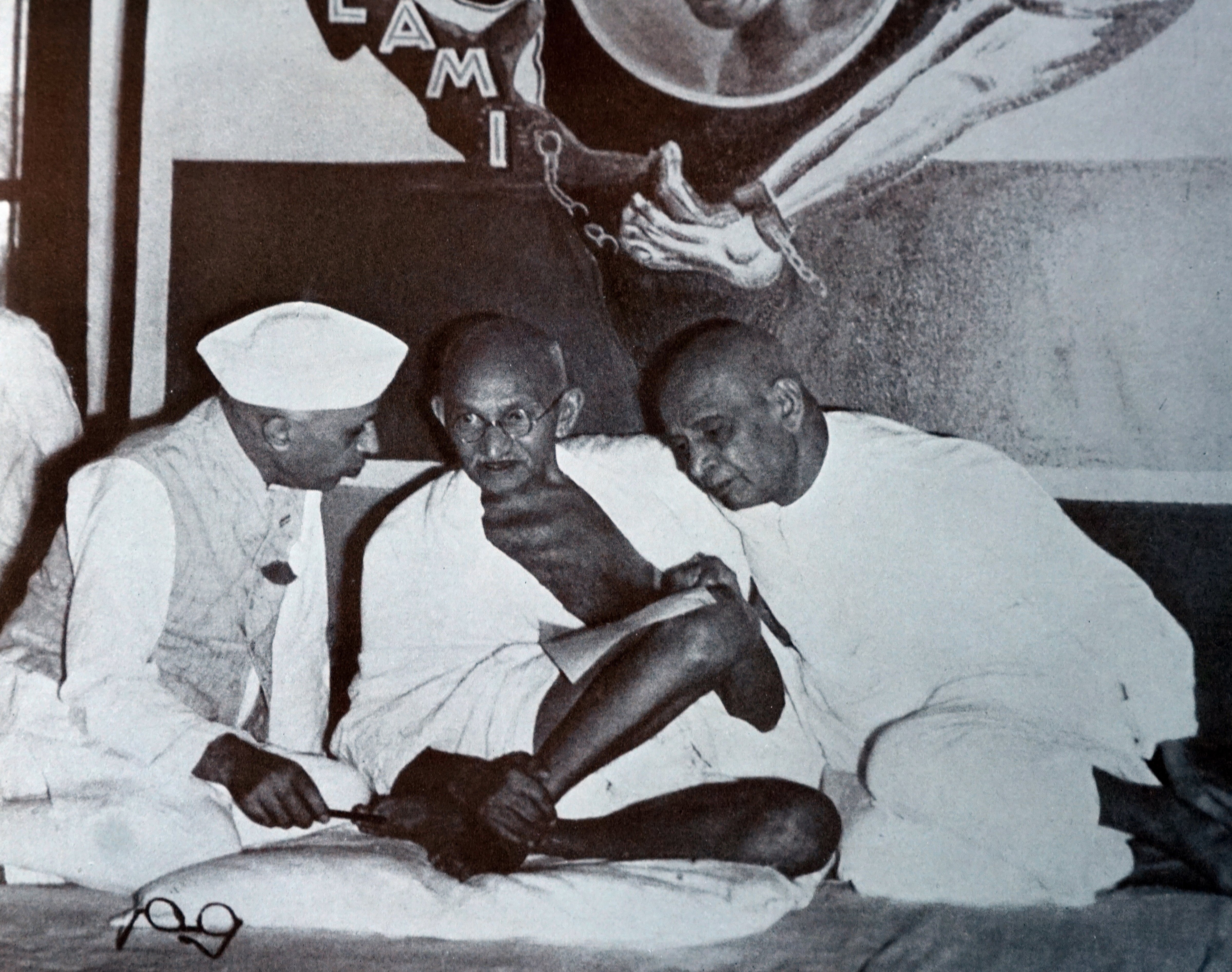 Mahatma Gandhi with Sardar Patel and Jawaharlal Nehru. 1947. Gandhi was the preeminent leader of the Indian independence movement in British-ruled India. Sardar Vallabhbhai Patel was an Indian statesman, a leader of the Indian National Congress and a founding father of the Republic of India. Universal History Archive-UIG/Getty Images. (Universal History Archive-UIG/Getty Images.)