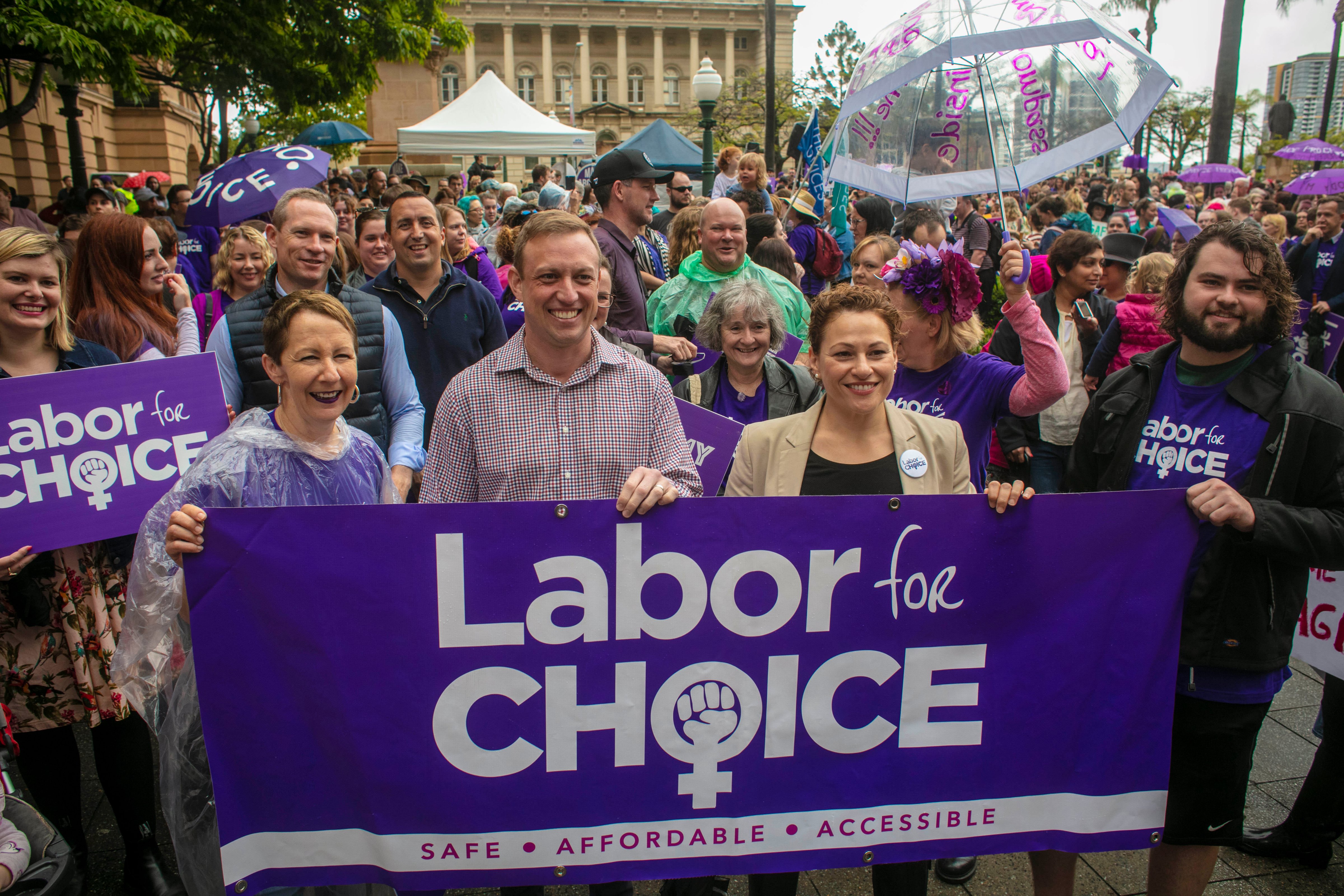 Queensland Health Minister Steven Miles (second left) and Deputy Premier Jackie Trad (third left) attend the March together for Choice rally ahead of proposed changes to Queensland's abortion laws in Brisbane, Australia, on Oct. 14, 2018. (Glenn Hunt—EPA-EFE)