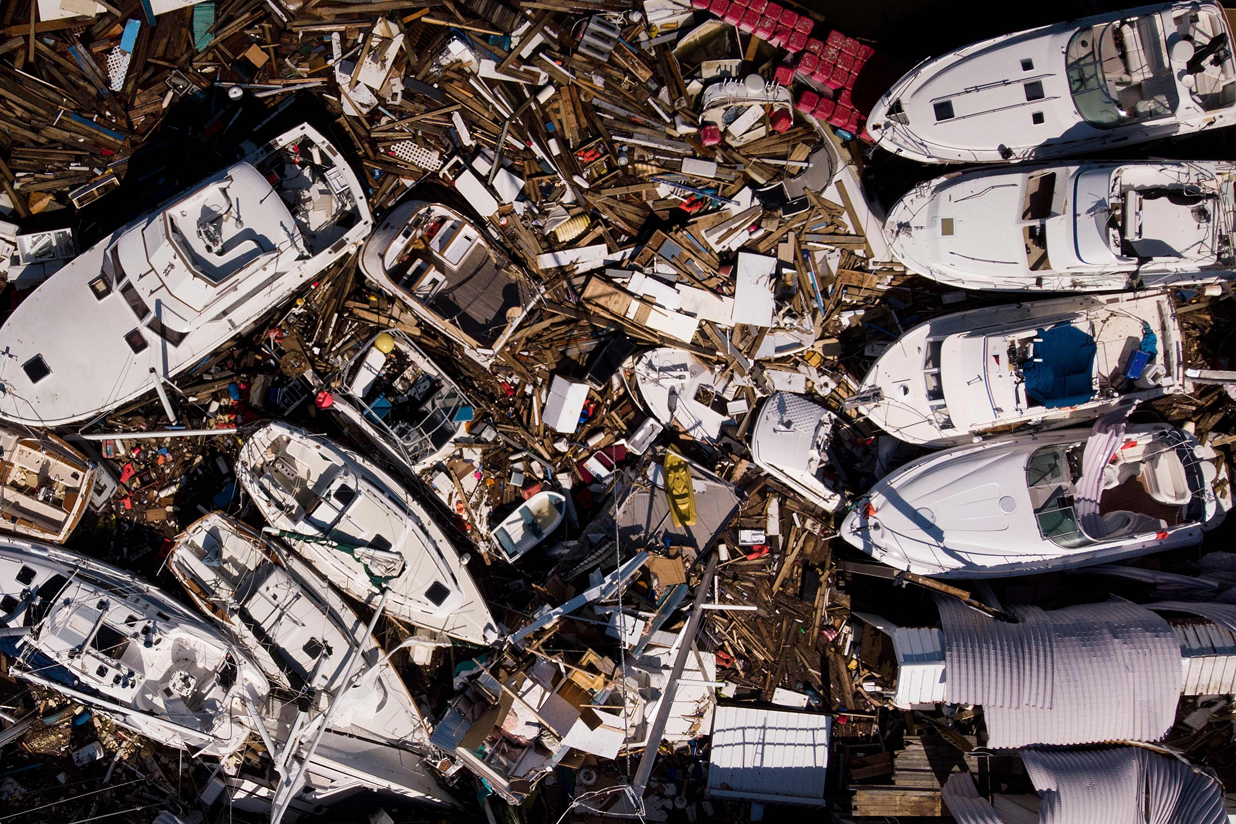 Storm damaged boats are seen in the aftermath of Hurricane Michael on Oct. 11, 2018 in Panama City, Fla. (Brendan Smialowski—AFP/Getty Images)