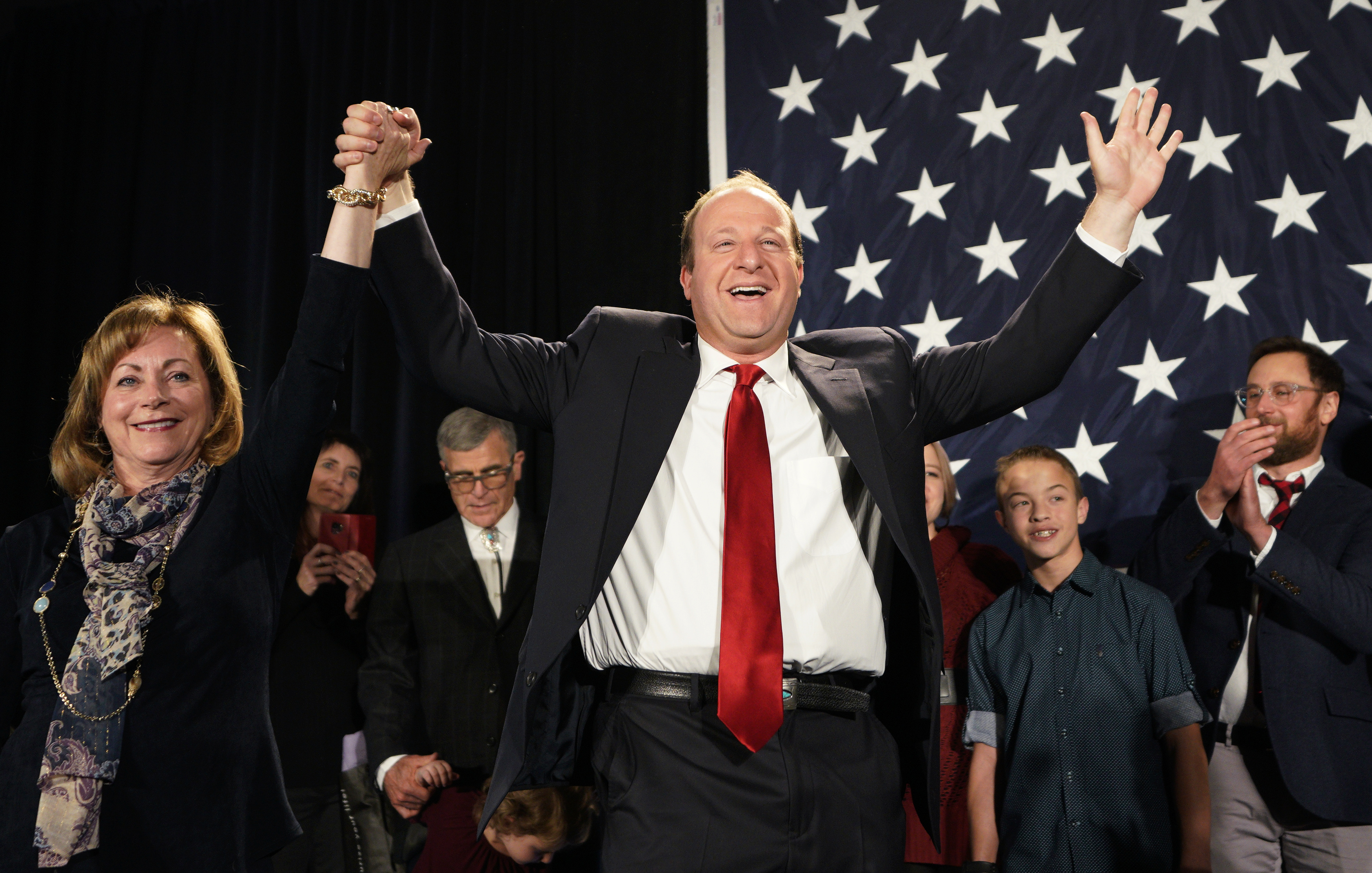 Democratic Colorado Governor-elect Jared Polis arrives onstage with running mate Dianne Primavera on November 6, 2018 in Denver, Colorado. (Rick T. Wilking&mdash;Getty Images)