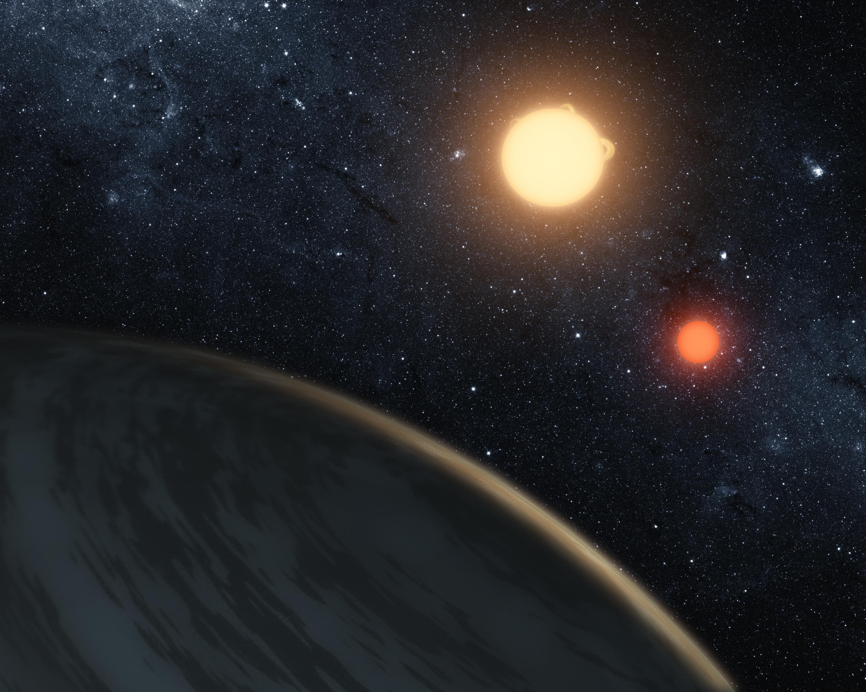 This artist's concept obtained October 30, 2018 courtesy of NASA/Ames/JPL-Caltech/T. Pyle, shows Kepler-16b, the first planet around a double-star system. (NASA/JPL-CALTECH/T. PYLE&mdash;AFP/Getty Images)