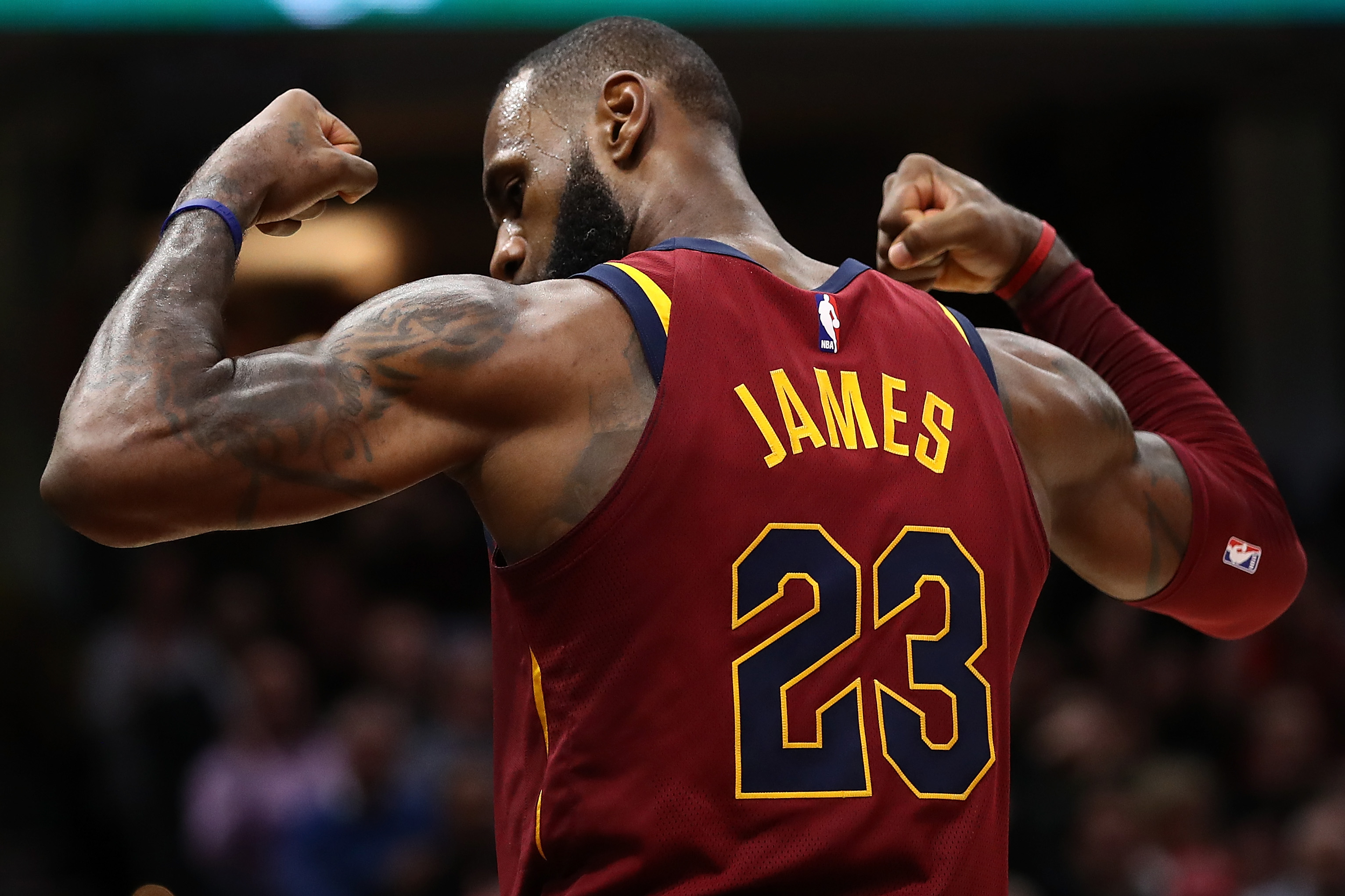 LeBron James #23 of the Cleveland Cavaliers celebrates a second half basket while playing the Indiana Pacers at Quicken Loans Arena on November 1, 2017 in Cleveland, Ohio. (Gregory Shamus—Getty Images)