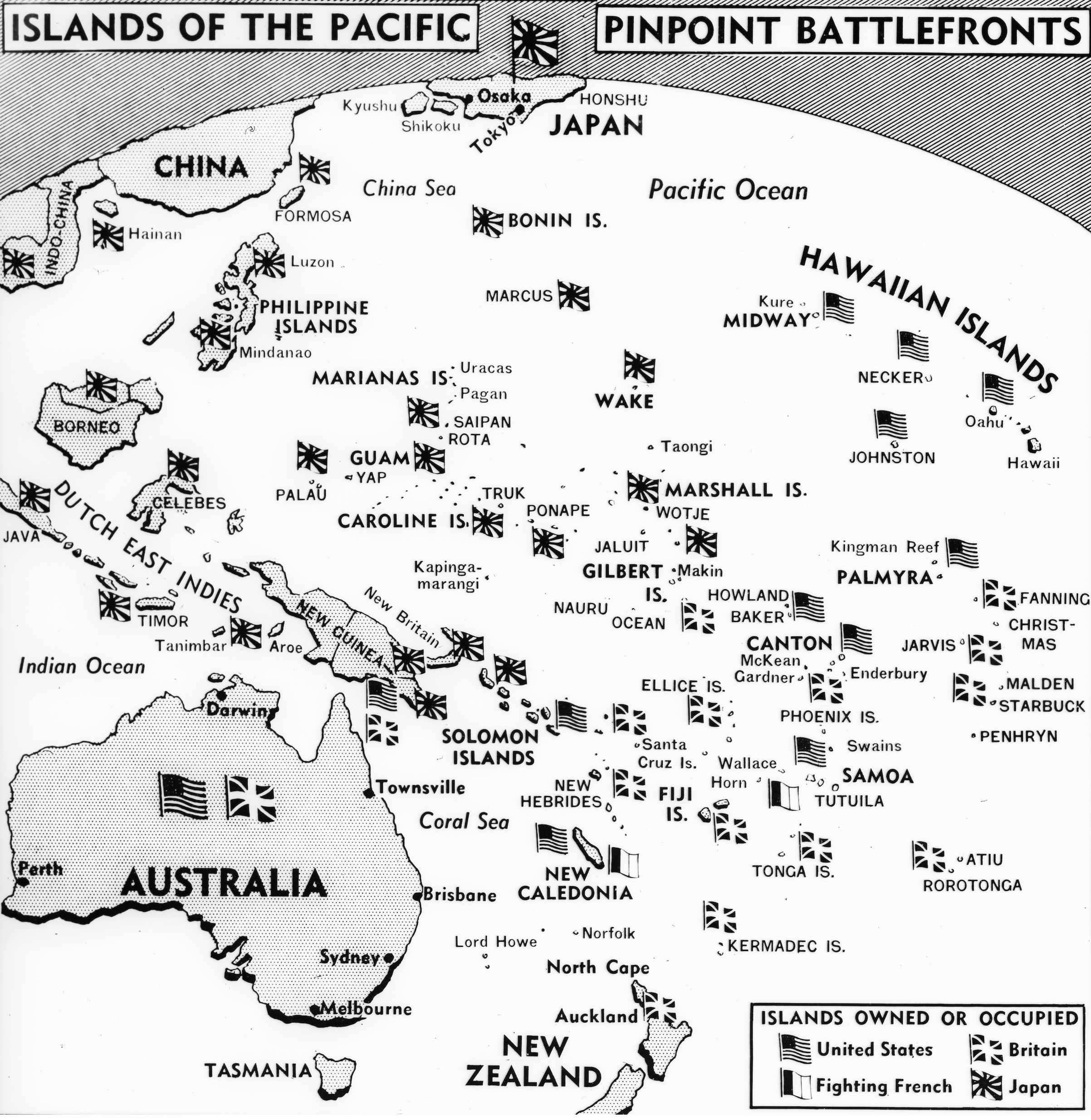 A 1942 map, laying out the World War II battlefields of the Pacific, shows the powers that control or occupy the islands of the area (Bettmann/Getty Images)