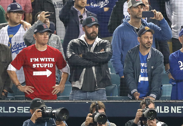 Matt Damon, Ben Affleck and Jimmy attend The Los Angeles Dodgers Game - World Series - Boston Red Sox v Los Angeles Dodgers - Game Five at Dodger Stadium on October 28, 2018 in Los Angeles, California.