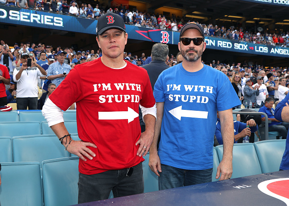 Matt Damon and Jimmy Kimmel attend The Los Angeles Dodgers Game - World Series - Boston Red Sox v Los Angeles Dodgers - Game Five at Dodger Stadium on October 28, 2018 in Los Angeles, California.